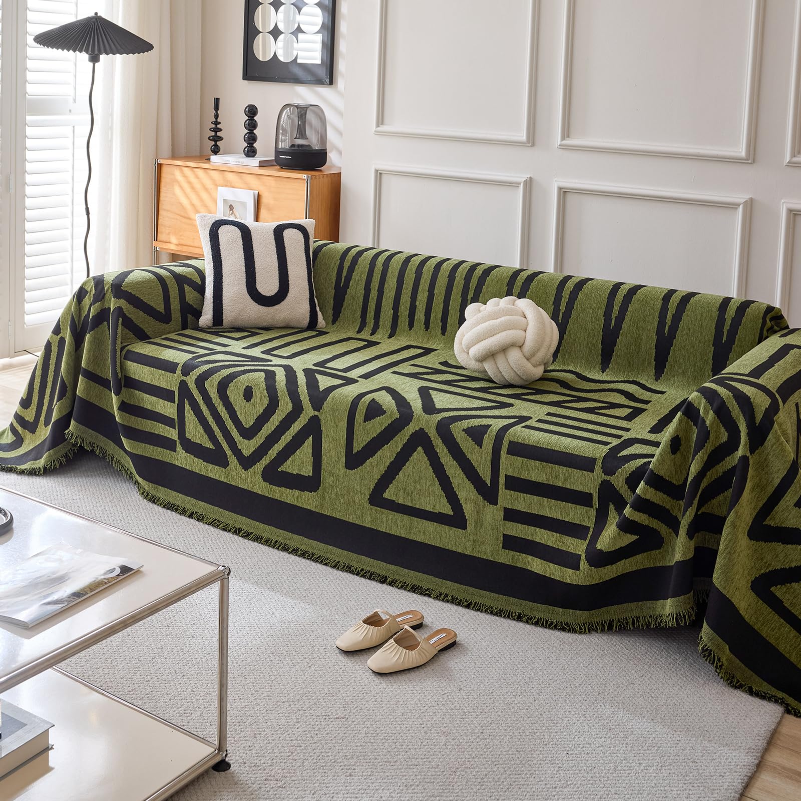 Copridivano in Ciniglia con Frangia 180x420cm, Verde Scuro