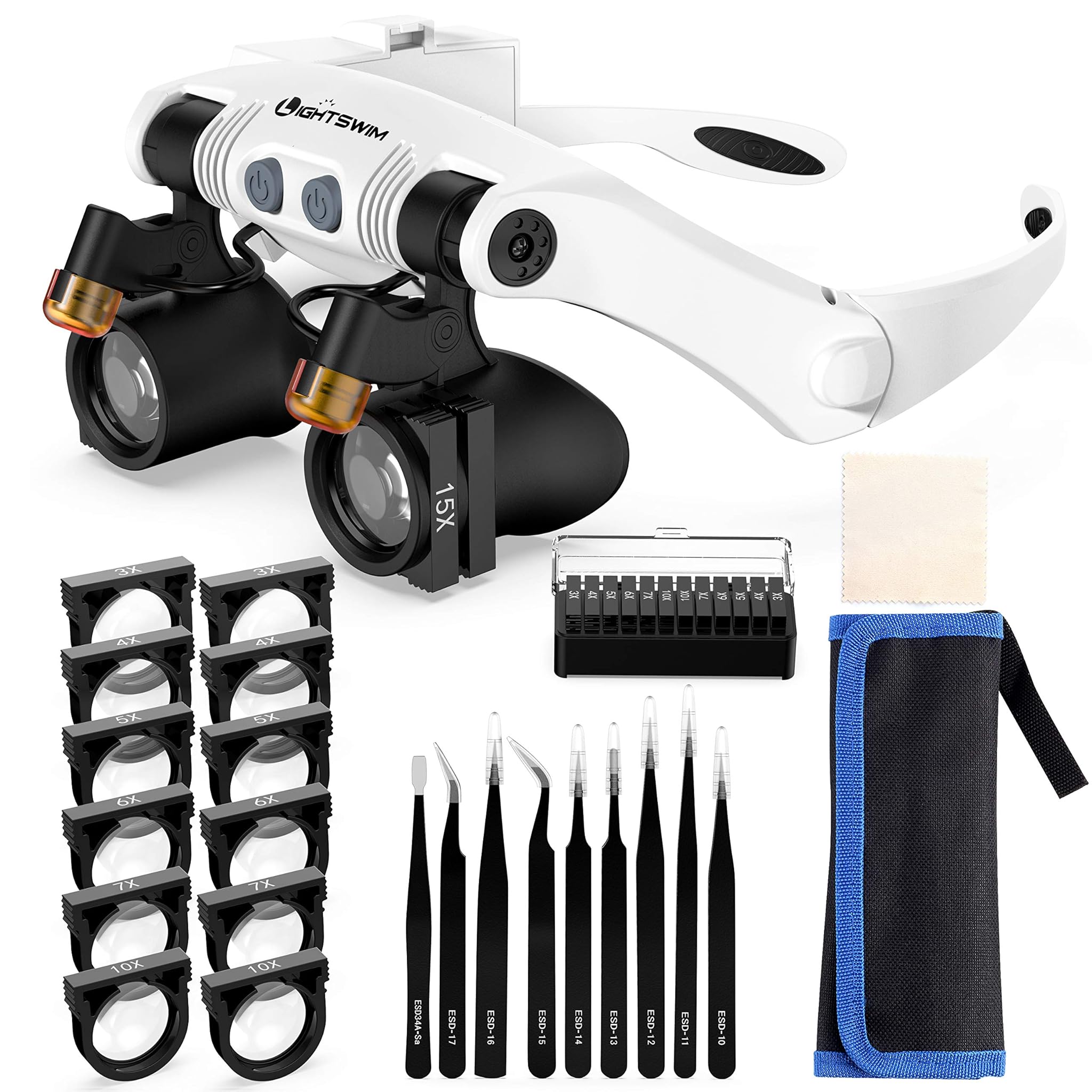 Lightswim Lente d'Ingrandimento per Archetto con Luce a LED, Lenti d'Ingrandimento con Testa a Mani libere 2 luci a LED Lenti intercambiabili 3X 4X 5X 6X 7X 10X 15X per Leggere Artigianato