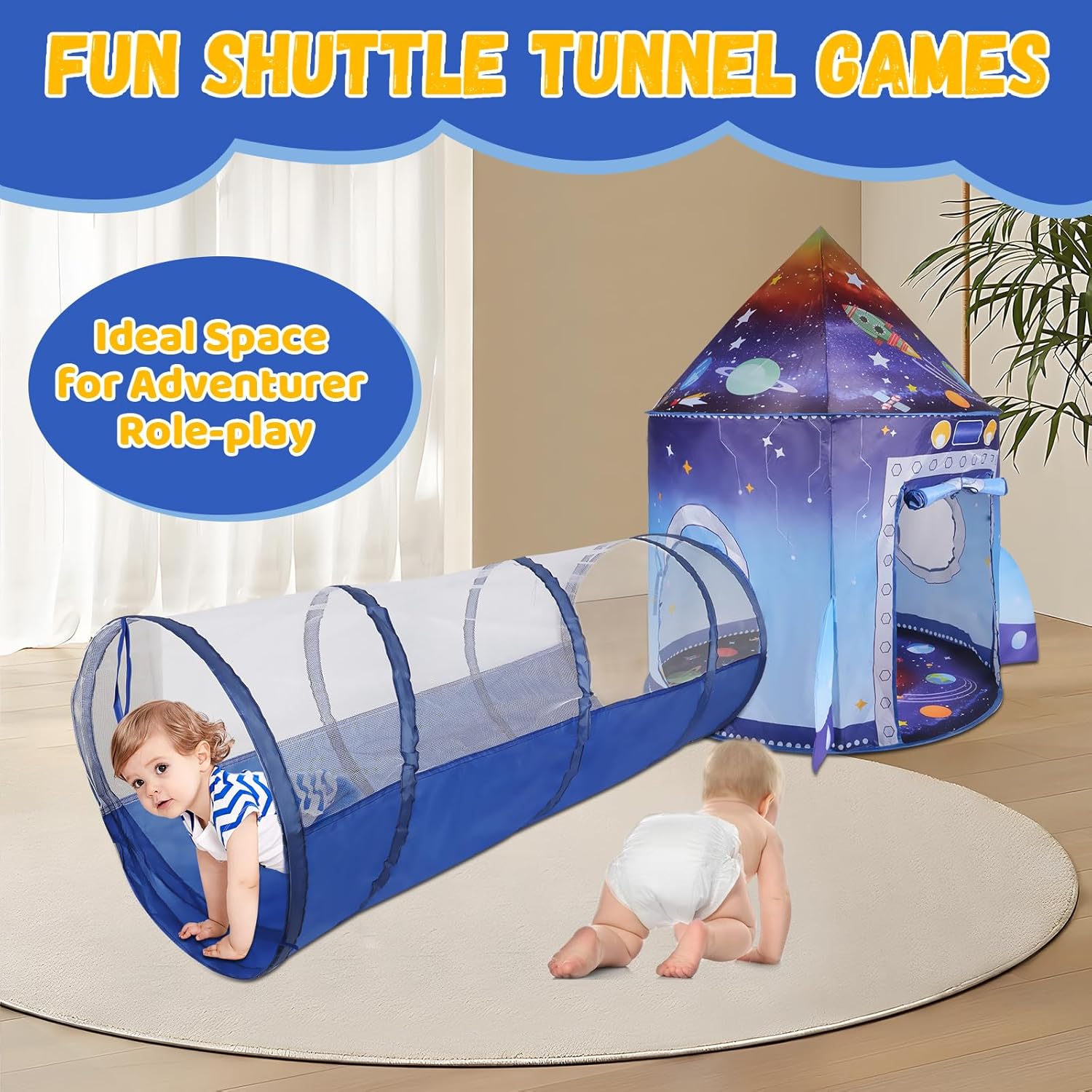 Tenda Gioco 3 in 1 Razzo Spaziale con Tunnel e Piscina - immagine 3