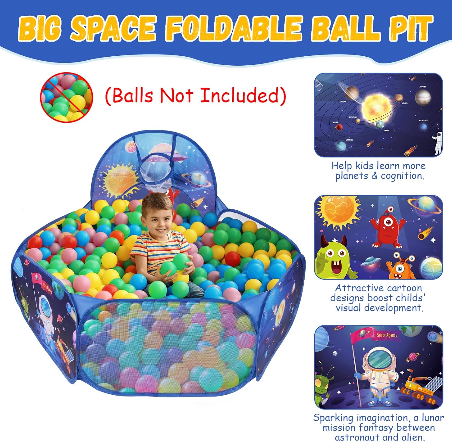 Tenda Gioco 3 in 1 Razzo Spaziale con Tunnel e Piscina - immagine 4