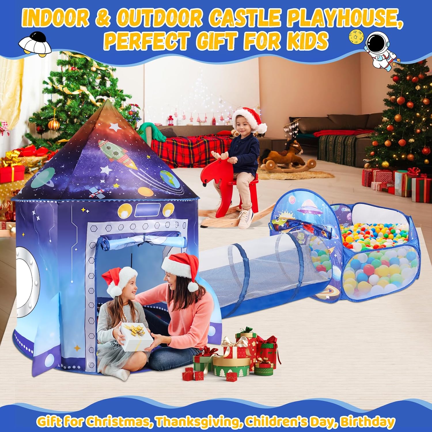 Tenda Gioco 3 in 1 Razzo Spaziale con Tunnel e Piscina - immagine 5