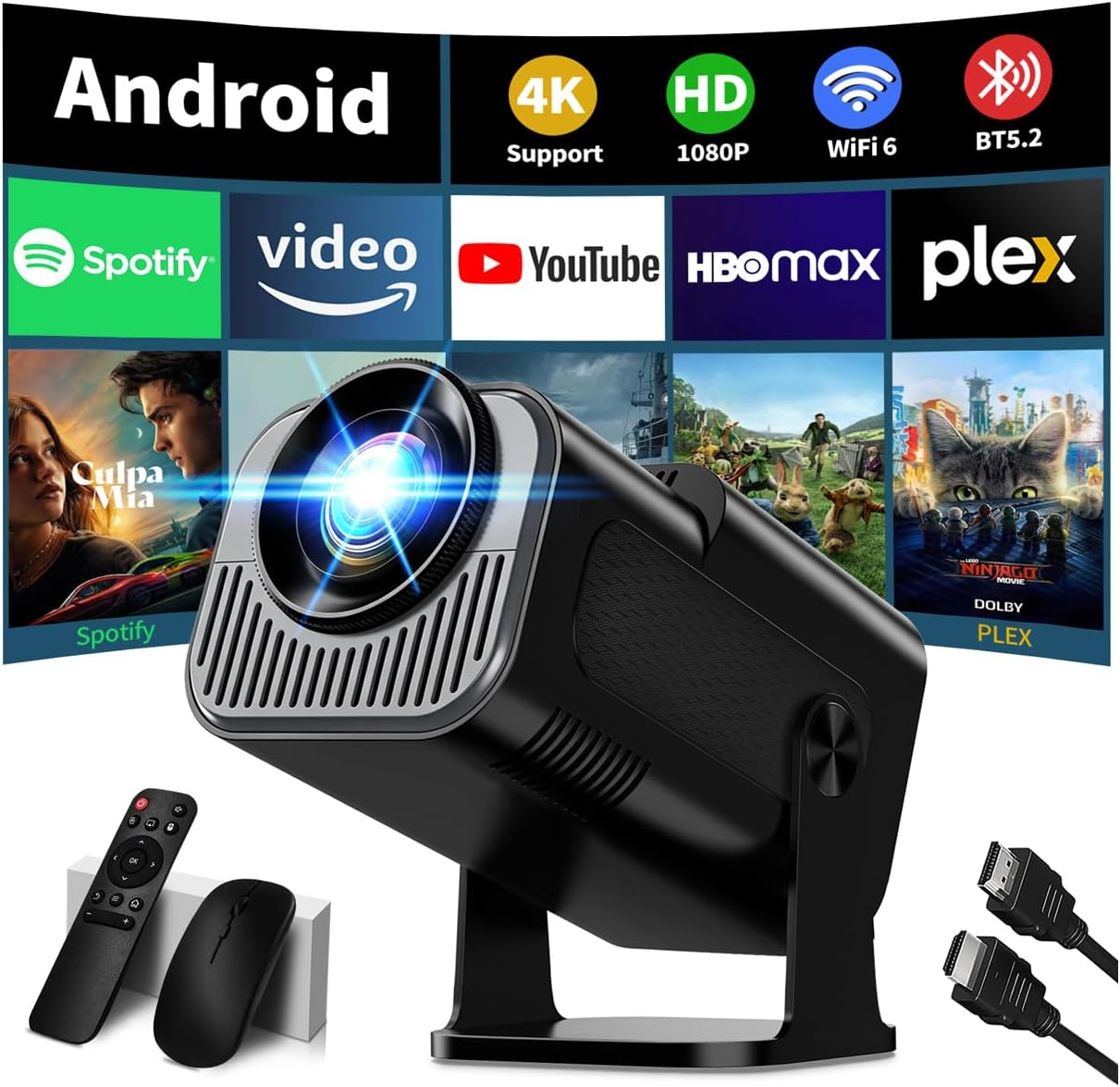 Proiettore Portatile 1080P 4K con WiFi 6 Bluetooth 5.2, Nero | Nonete ...