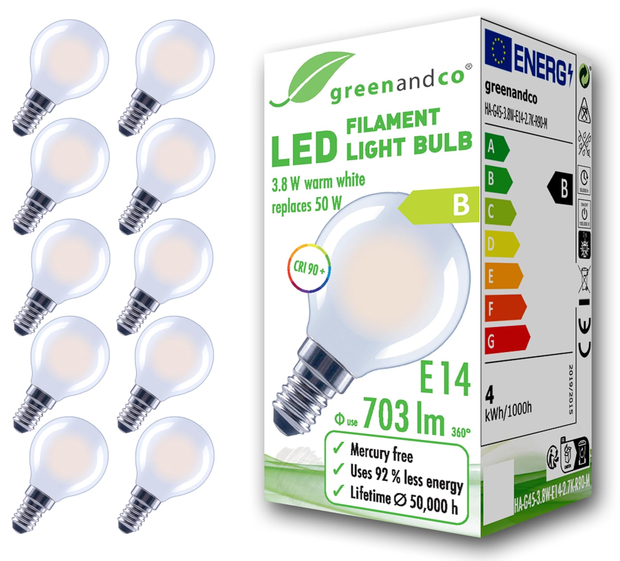 Greenandco 10 Lampadine Filamento LED E14 G45 3,8W
