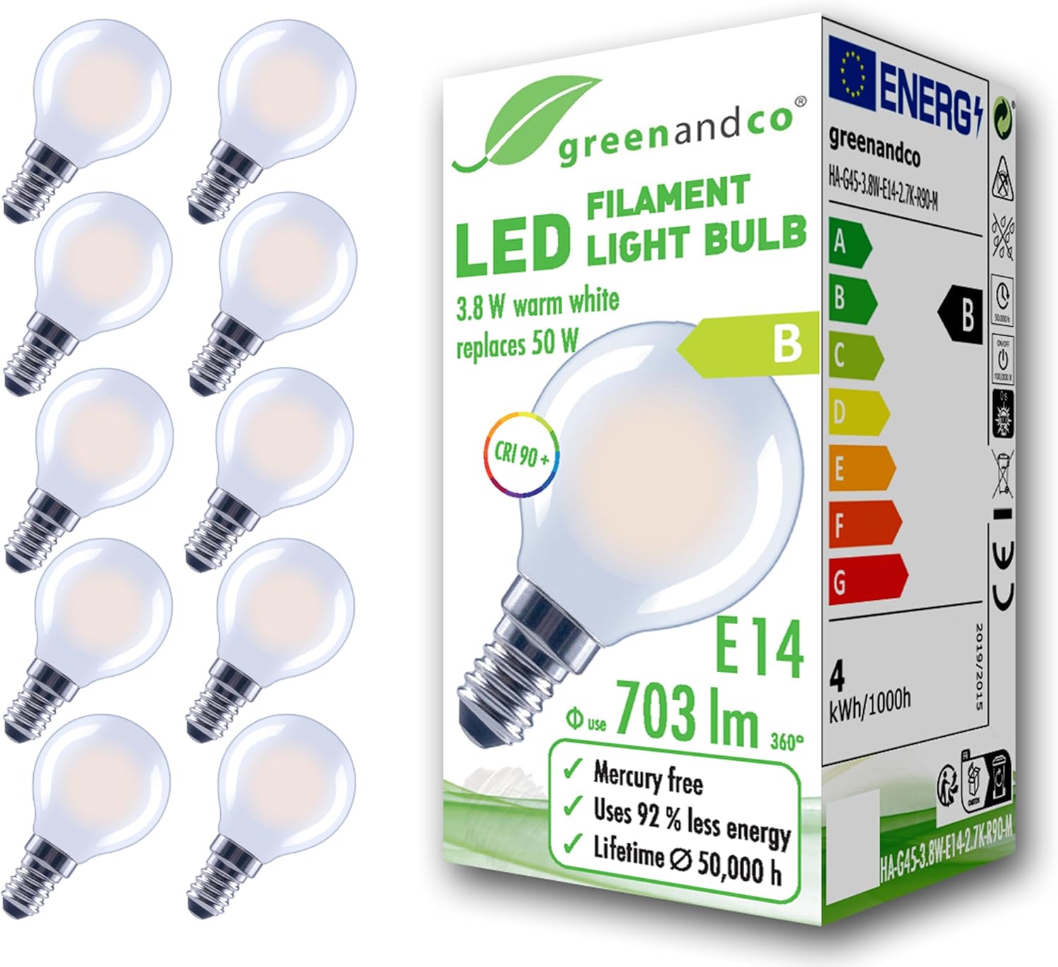 Greenandco 10 Lampadine Filamento LED E14 G45 3,8W - immagine 1