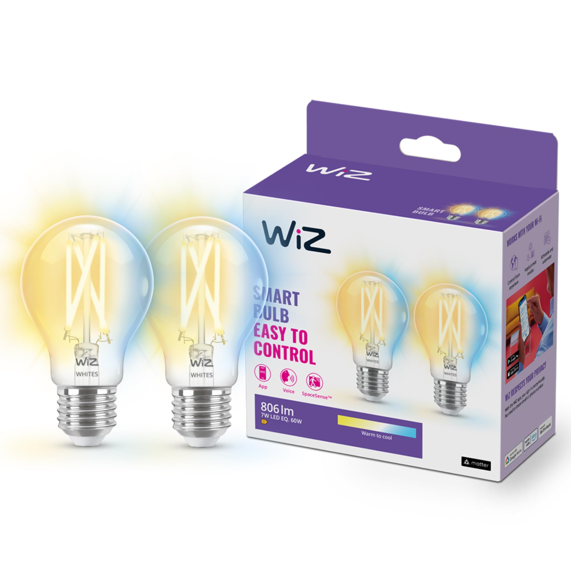 Wiz Lampadina Smart WiFi E27 7W, Filamento, 2 Pezzi