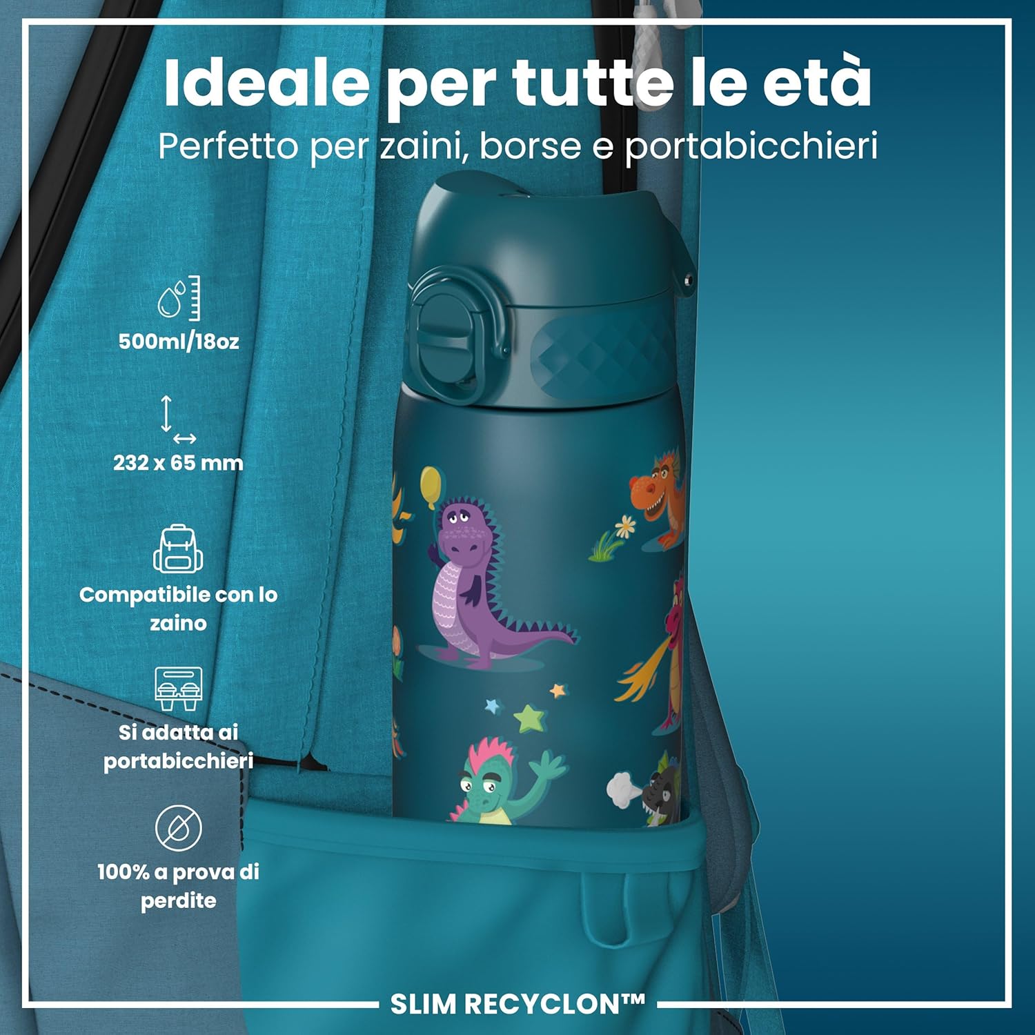 Ion8 Borraccia a Prova di Perdite 500ml, Draghi - immagine 2