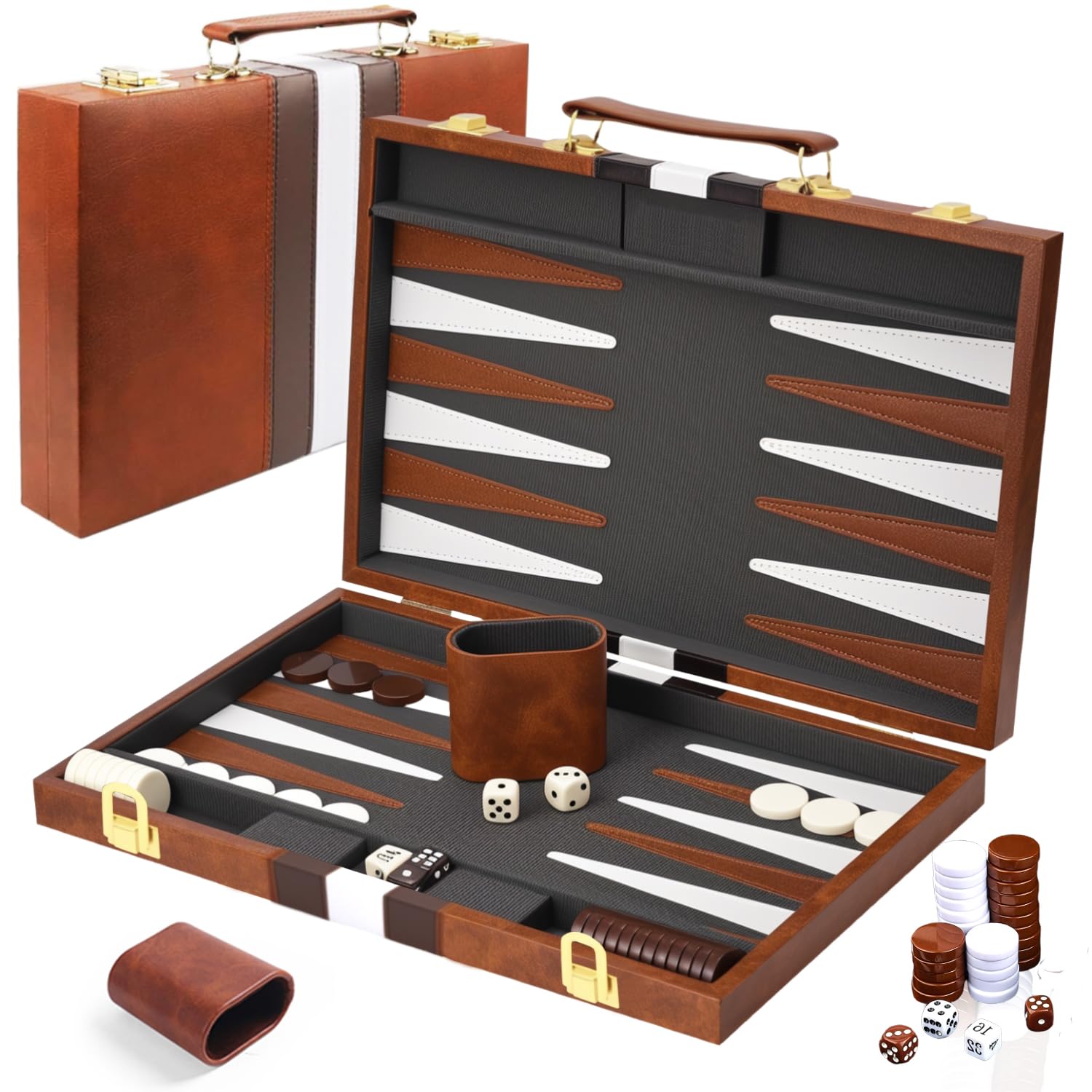 Backgammon, set di valigie per 2 giocatori, classico gioco da tavolo da 15 pollici, con custodia in pelle di alta qualità, portatile e da viaggio (15 pollici, marrone)