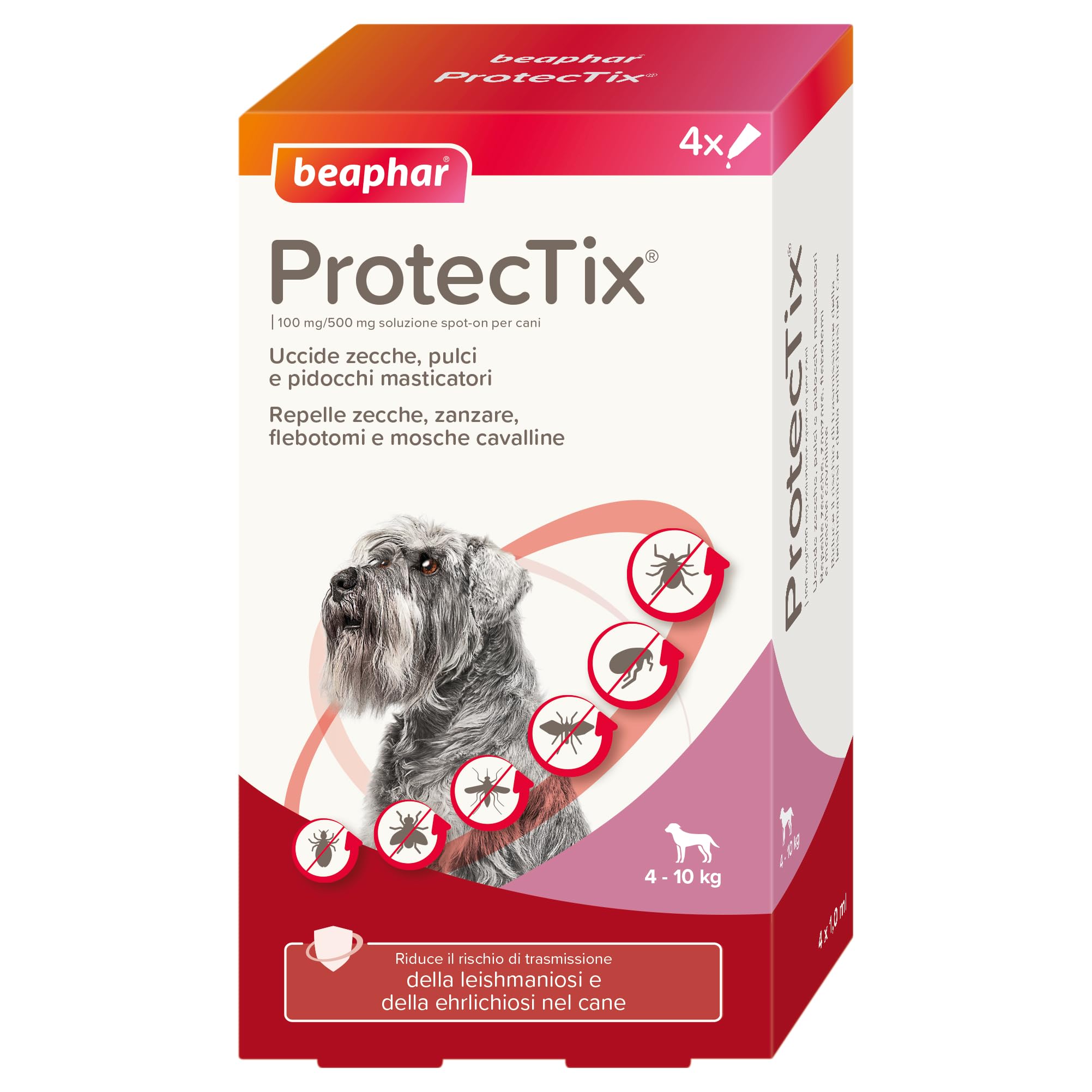 Beaphar ProtecTix Cane, Antiparassitario Spot-On per Cane Piccolo (4-10 Kg), Riduce il Rischio di Leishmaniosi, Contro Zecche, Pulci e Pidocchi, Confezione 4 Pipette da 1 ml