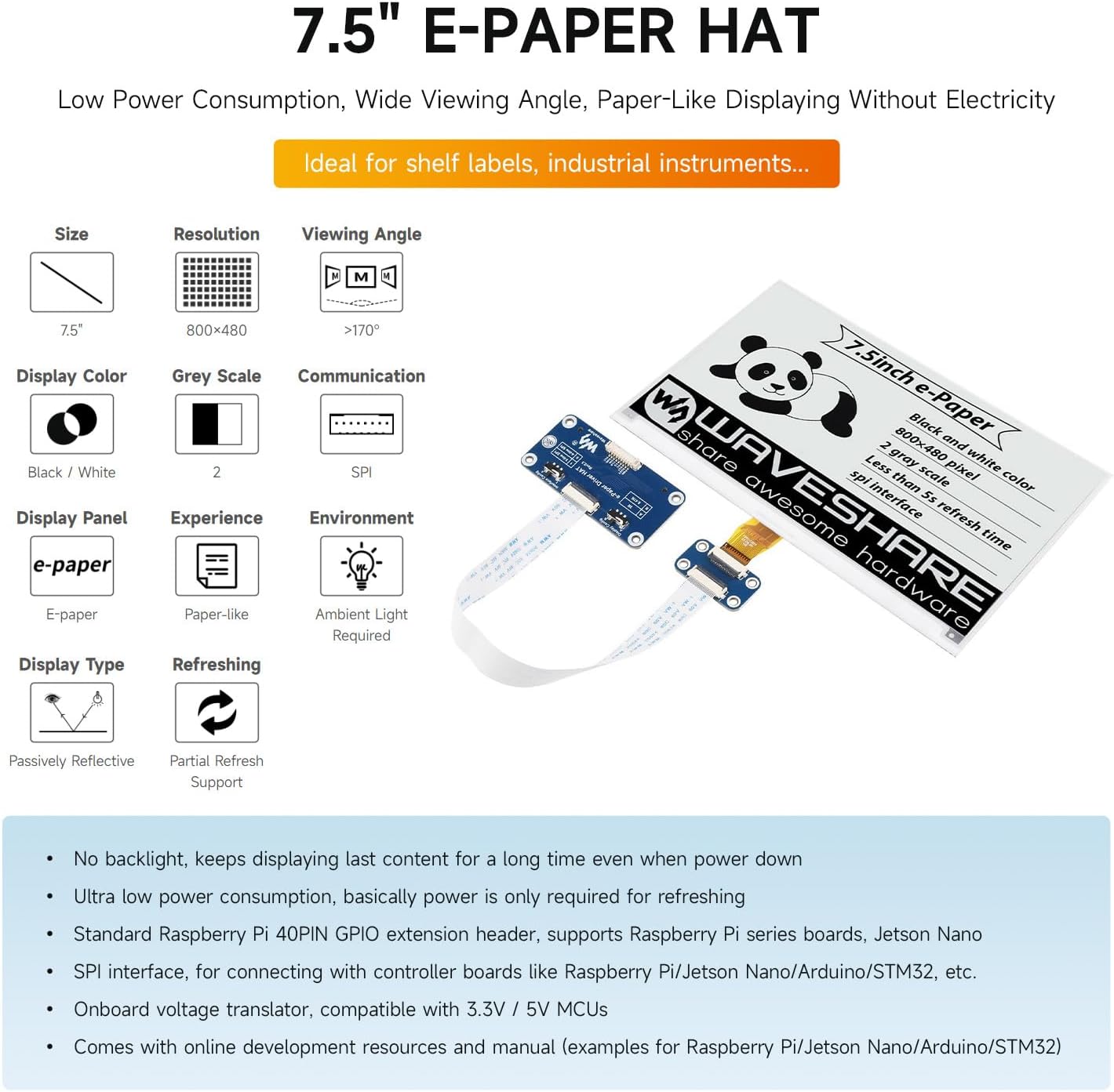 Luckfox 7.5-inch e-Paper con PCB 800x480 Pixel - immagine 3
