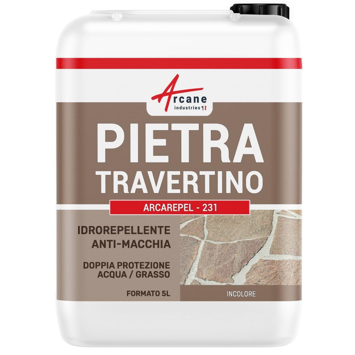 Impermeabilizzante per travertino, idrorepellente per pietre naturali, anti-macchia: ARCAREPEL - 231-5 L (fino a 25 m²) - ARCANE INDUSTRIES