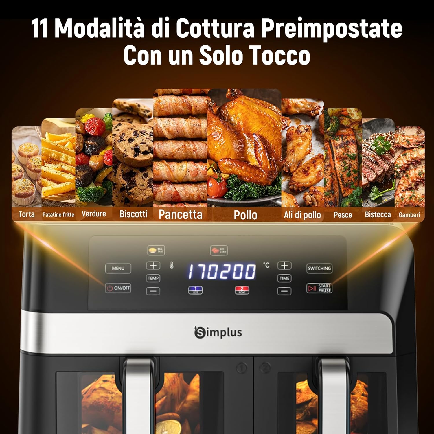 SIMPLUS Friggitrice ad Aria Doppio Cestello 10L, Nero - immagine 4