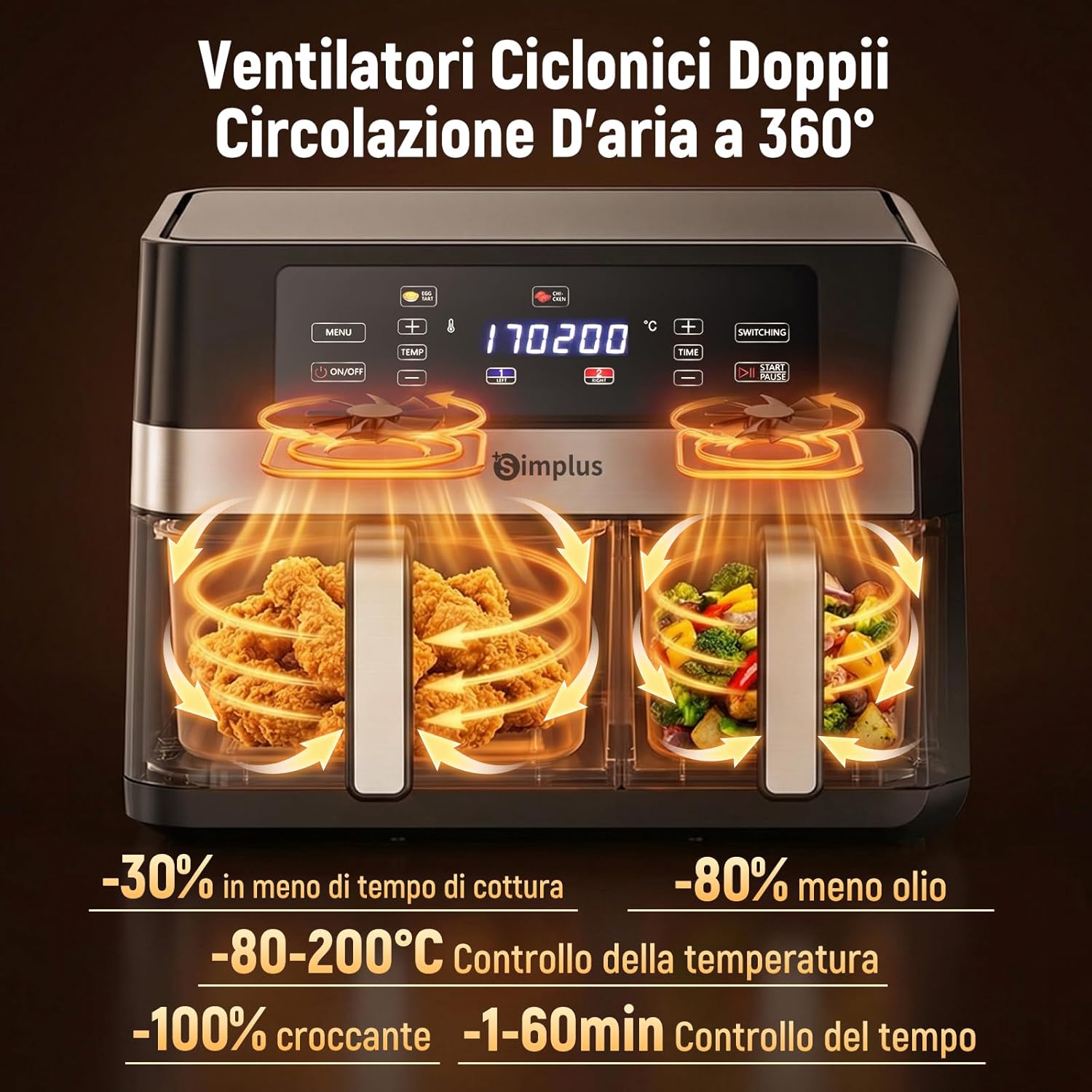 SIMPLUS Friggitrice ad Aria Doppio Cestello 10L, Nero - immagine 7