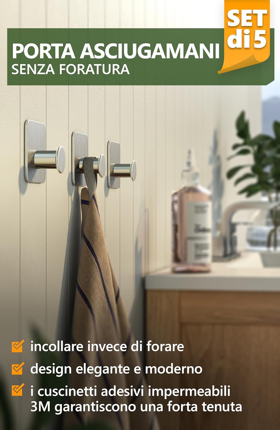 4smile 5 Ganci Adesivi in Acciaio Inox, Argento - immagine 2