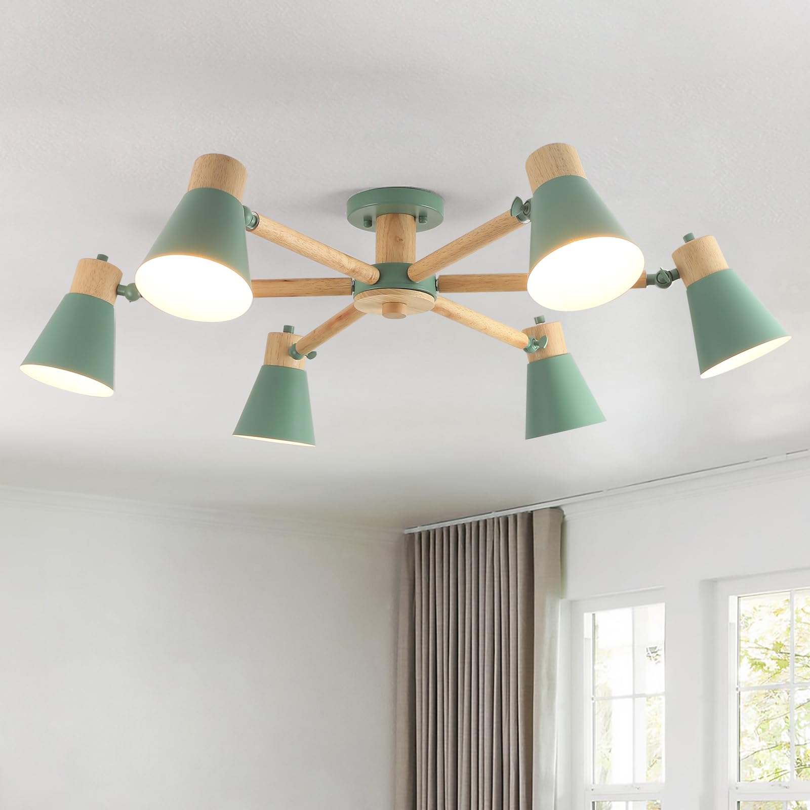 Schindora Verde Lampadario 6 Luci Legno e Ferro
