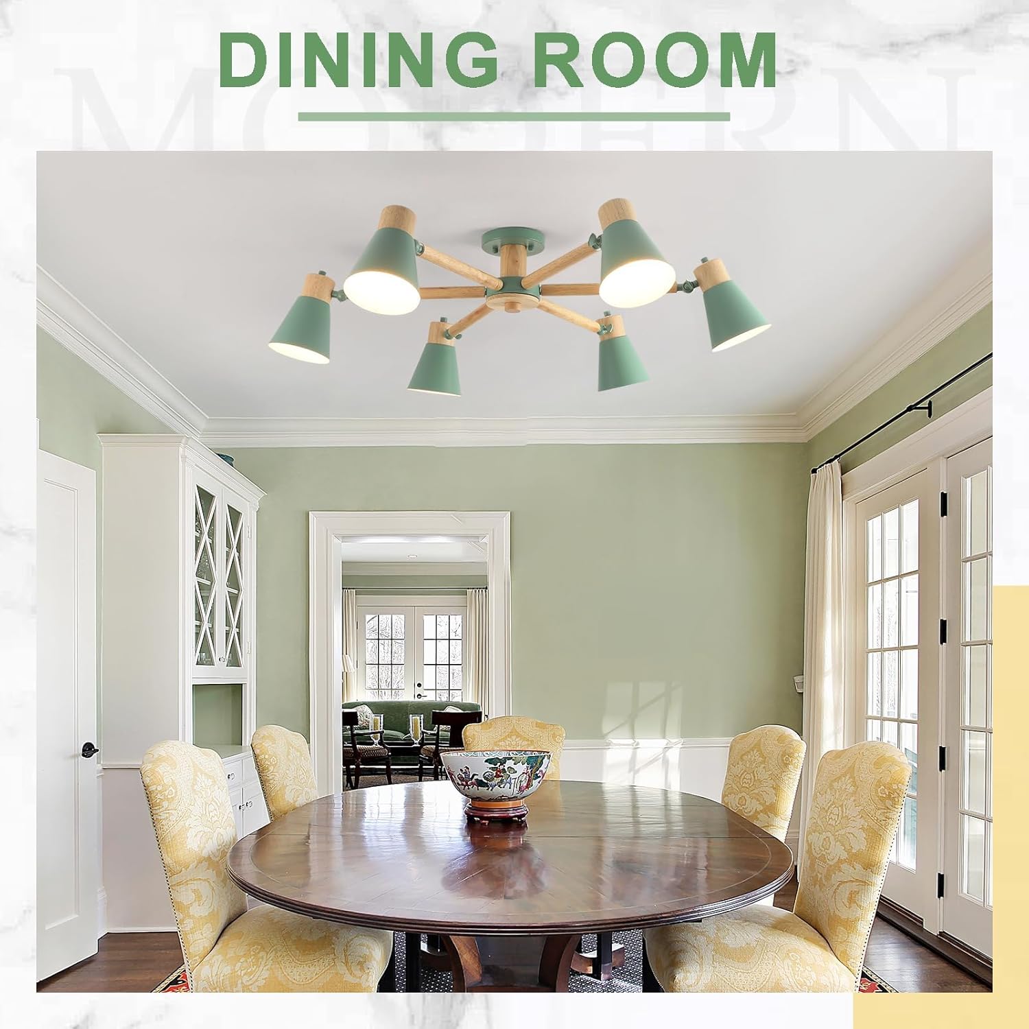 Schindora Verde Lampadario 6 Luci Legno e Ferro - immagine 2