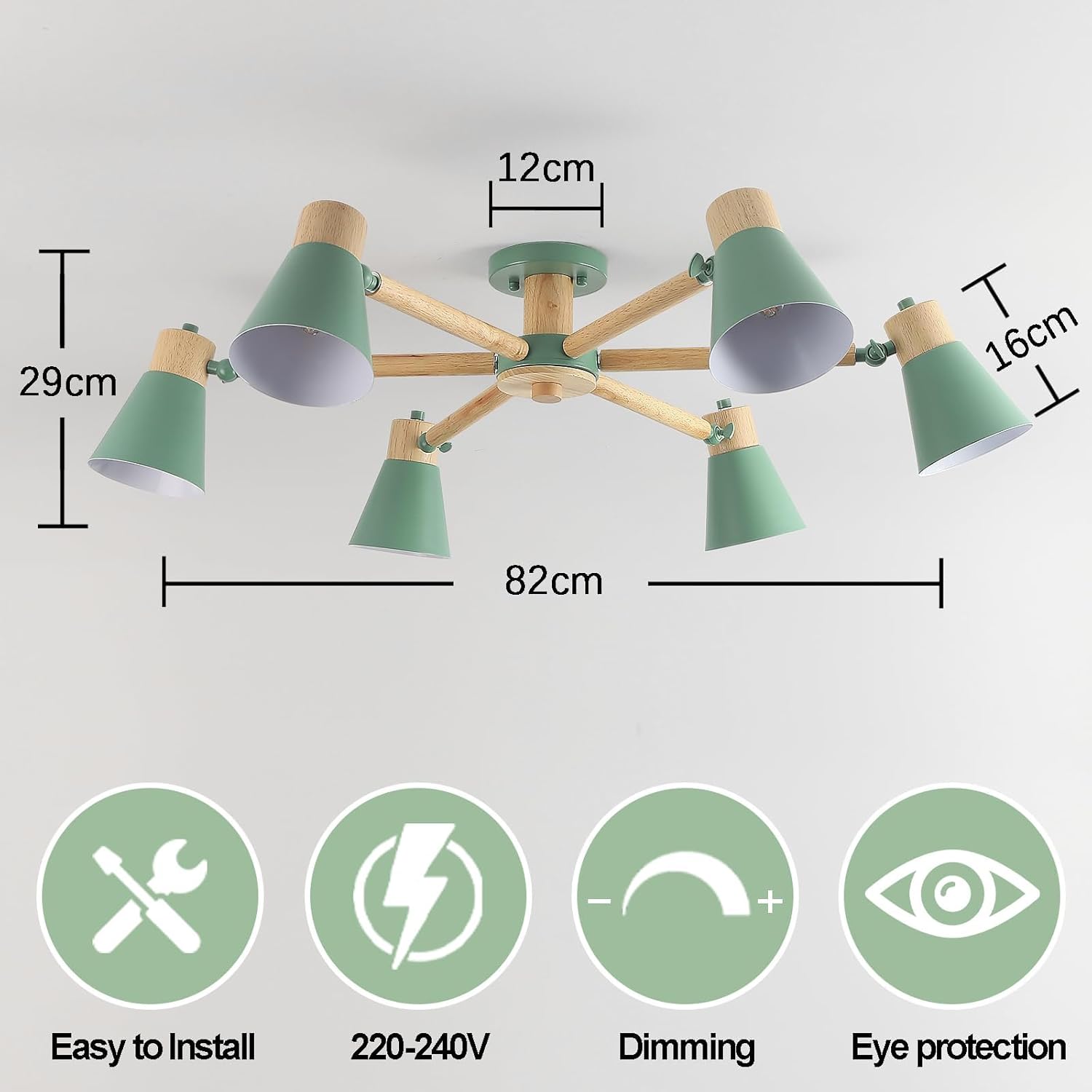 Schindora Verde Lampadario 6 Luci Legno e Ferro - immagine 4
