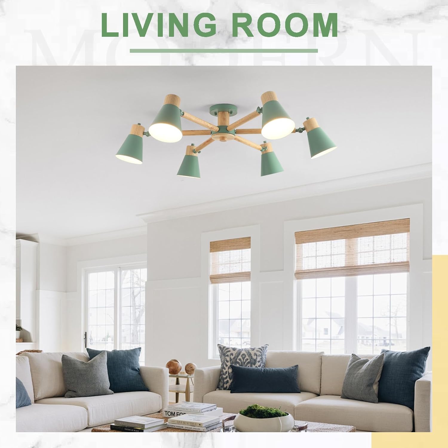 Schindora Verde Lampadario 6 Luci Legno e Ferro - immagine 6