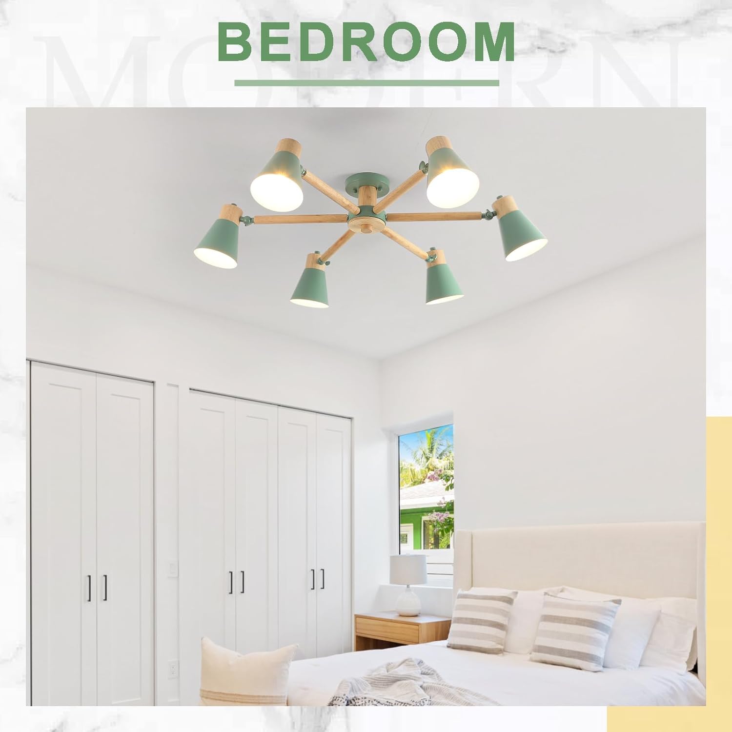 Schindora Verde Lampadario 6 Luci Legno e Ferro - immagine 7