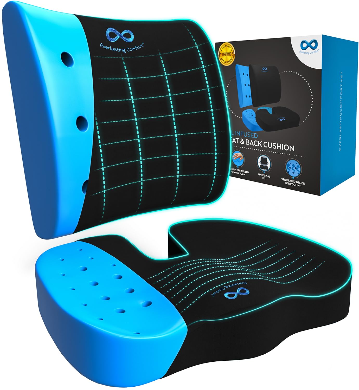 Everlasting Comfort Set Cuscino Ortopedico Schiena e Lombare, Nero