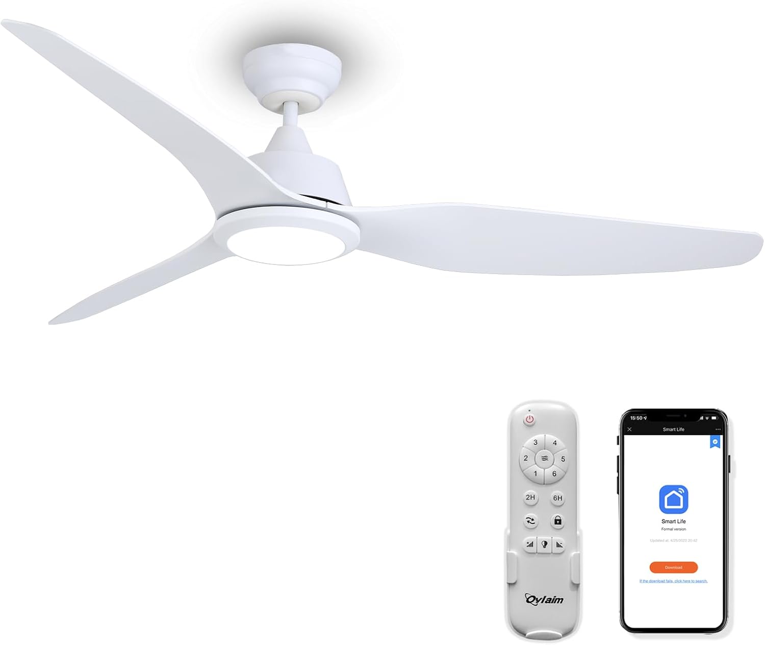 Ventilatore da Soffitto con Lampada e Telecomando 142cm, Bianco