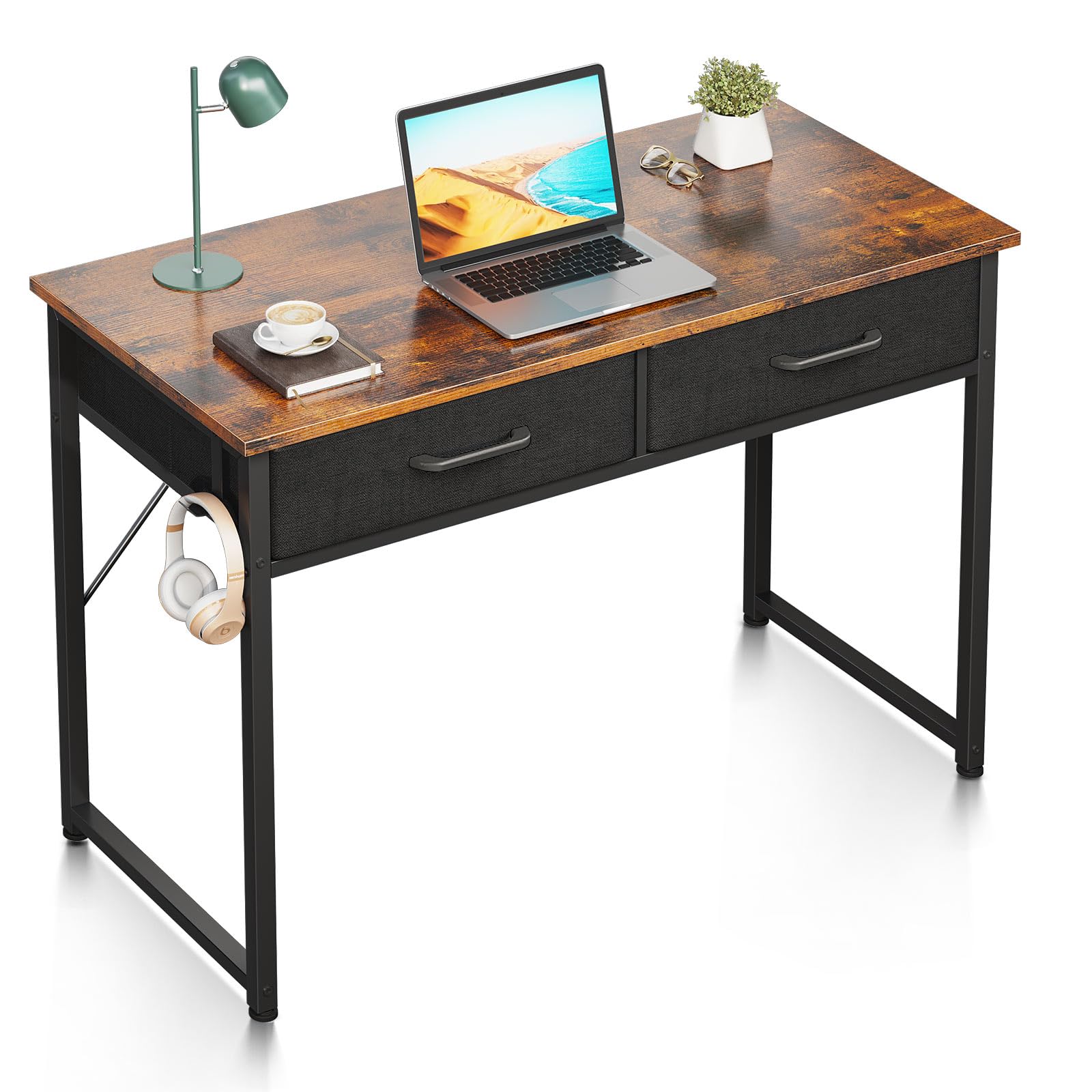 Odk Scrivania con 2 Cassetti e Portacuffie, Marrone