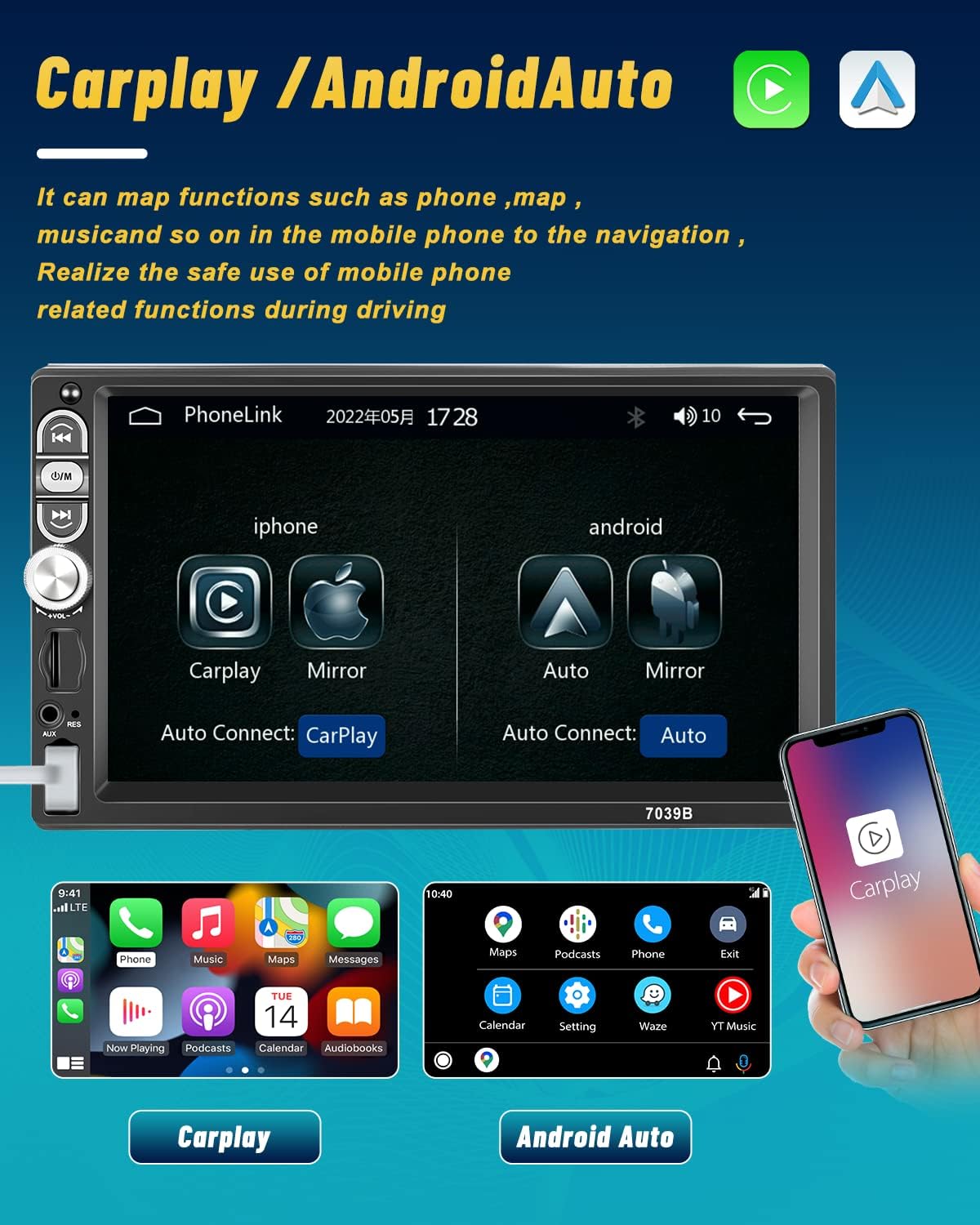 Hikity Autoradio 1Din CarPlay Android Auto 7 Pollici - immagine 2