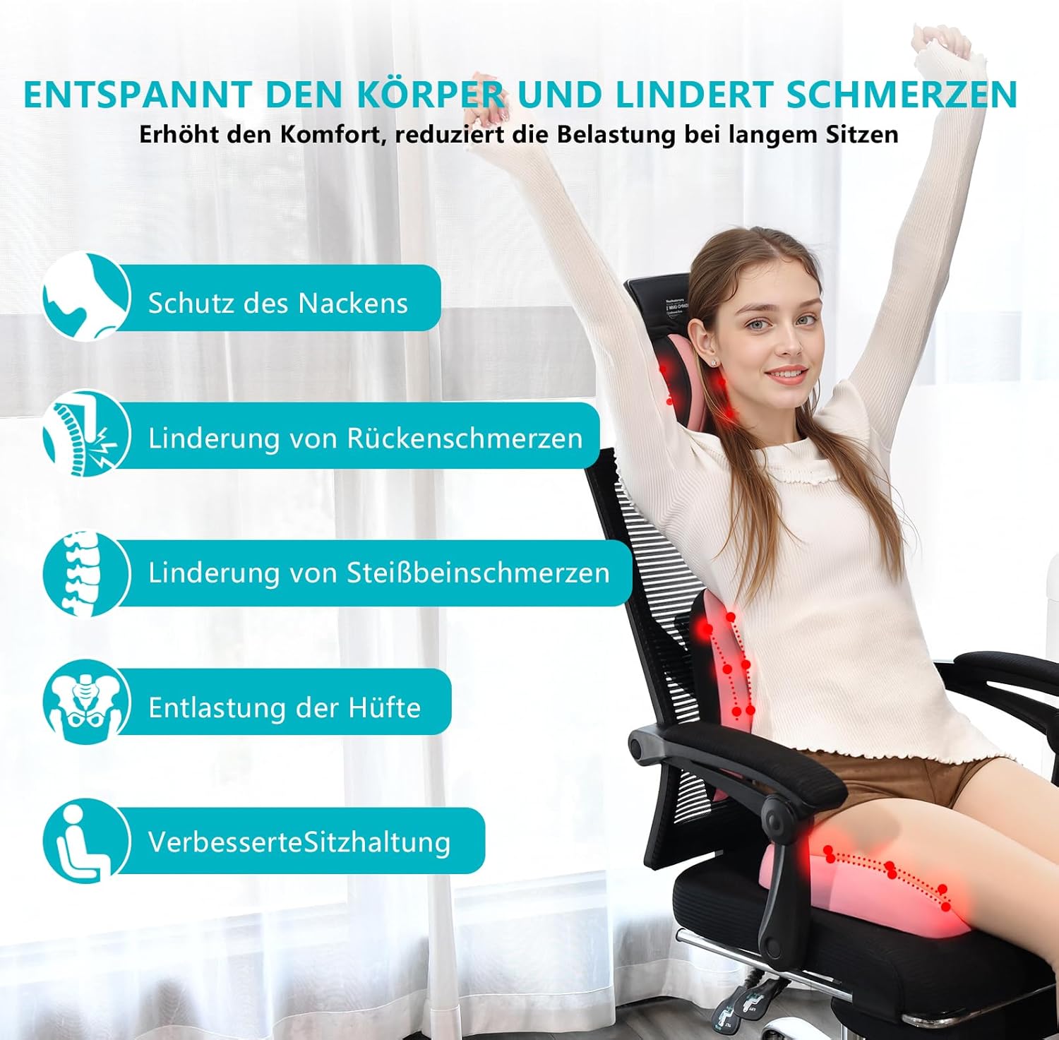 Florich Cuscino per Sedile e Lombare, Set 3 Pezzi, Rosa - immagine 7