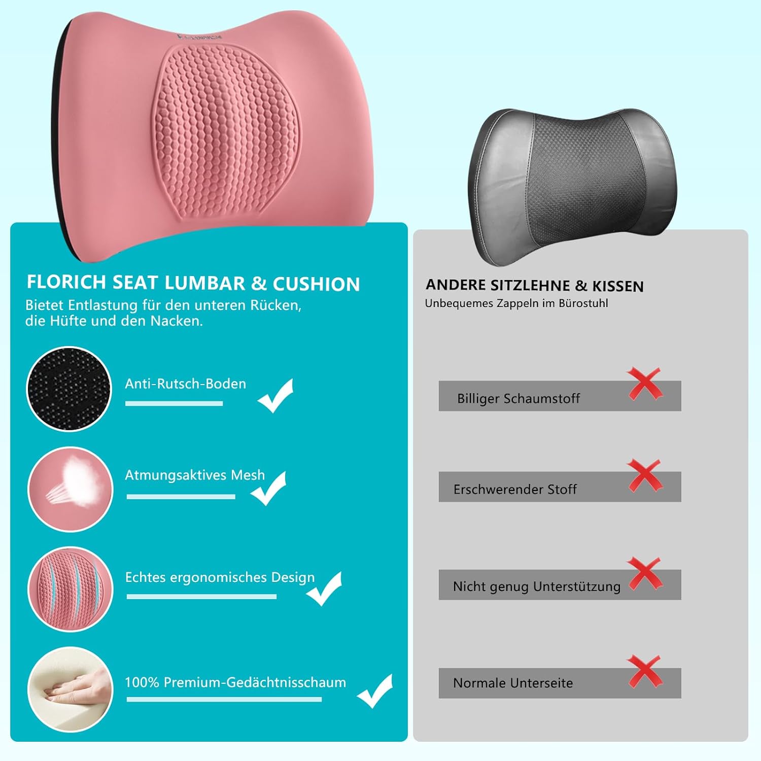 Florich Cuscino per Sedile e Lombare, Set 3 Pezzi, Rosa - immagine 8