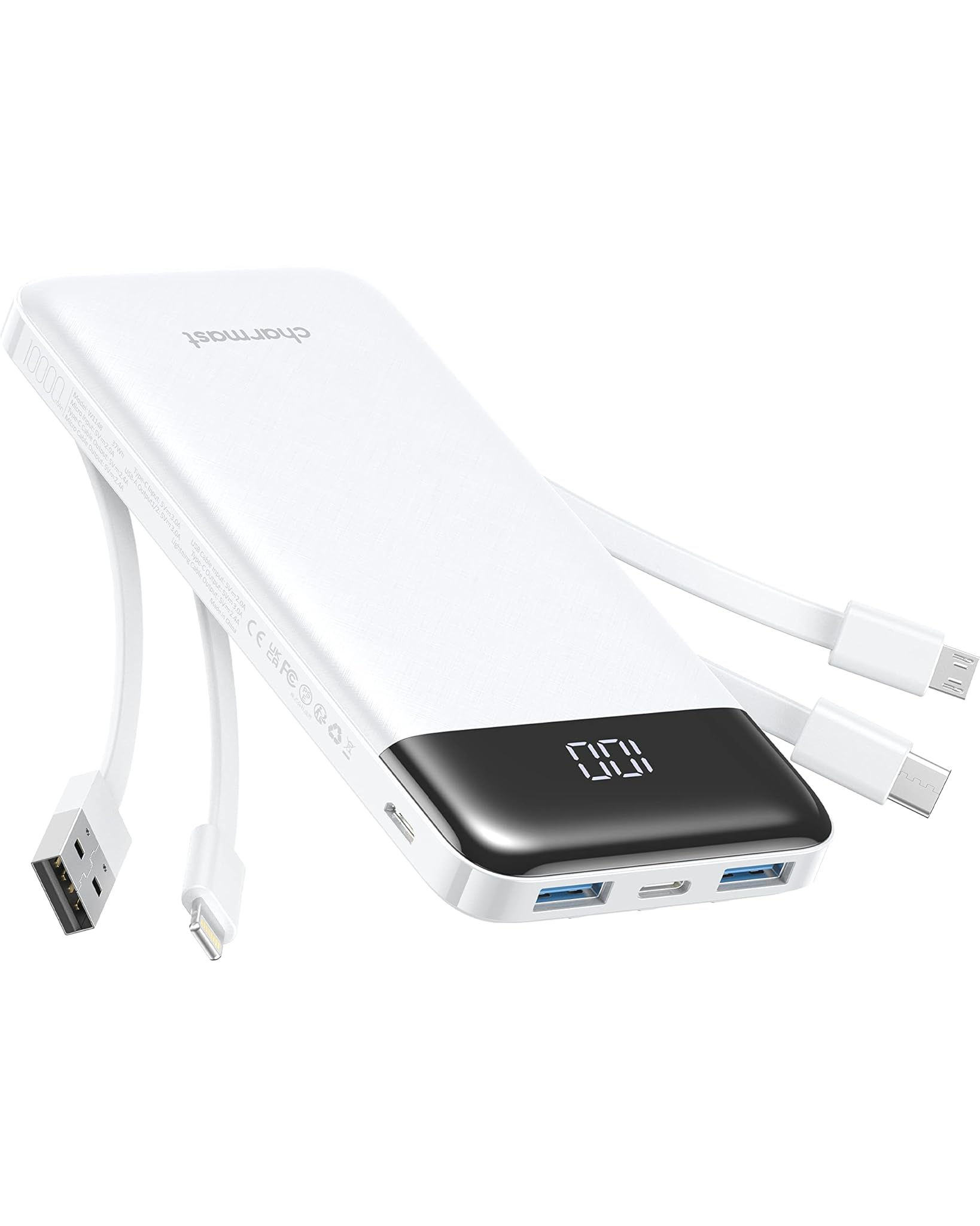 Charmast Power Bank 10000mAh con Cavi Integrati, Bianco