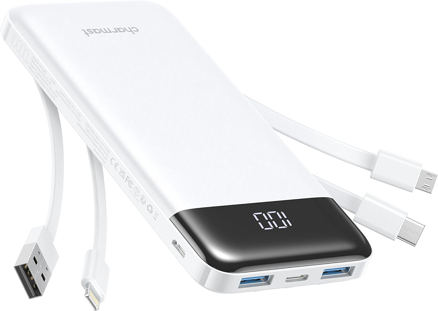 Charmast Power Bank 10000mAh con Cavi Integrati, Bianco - immagine 1
