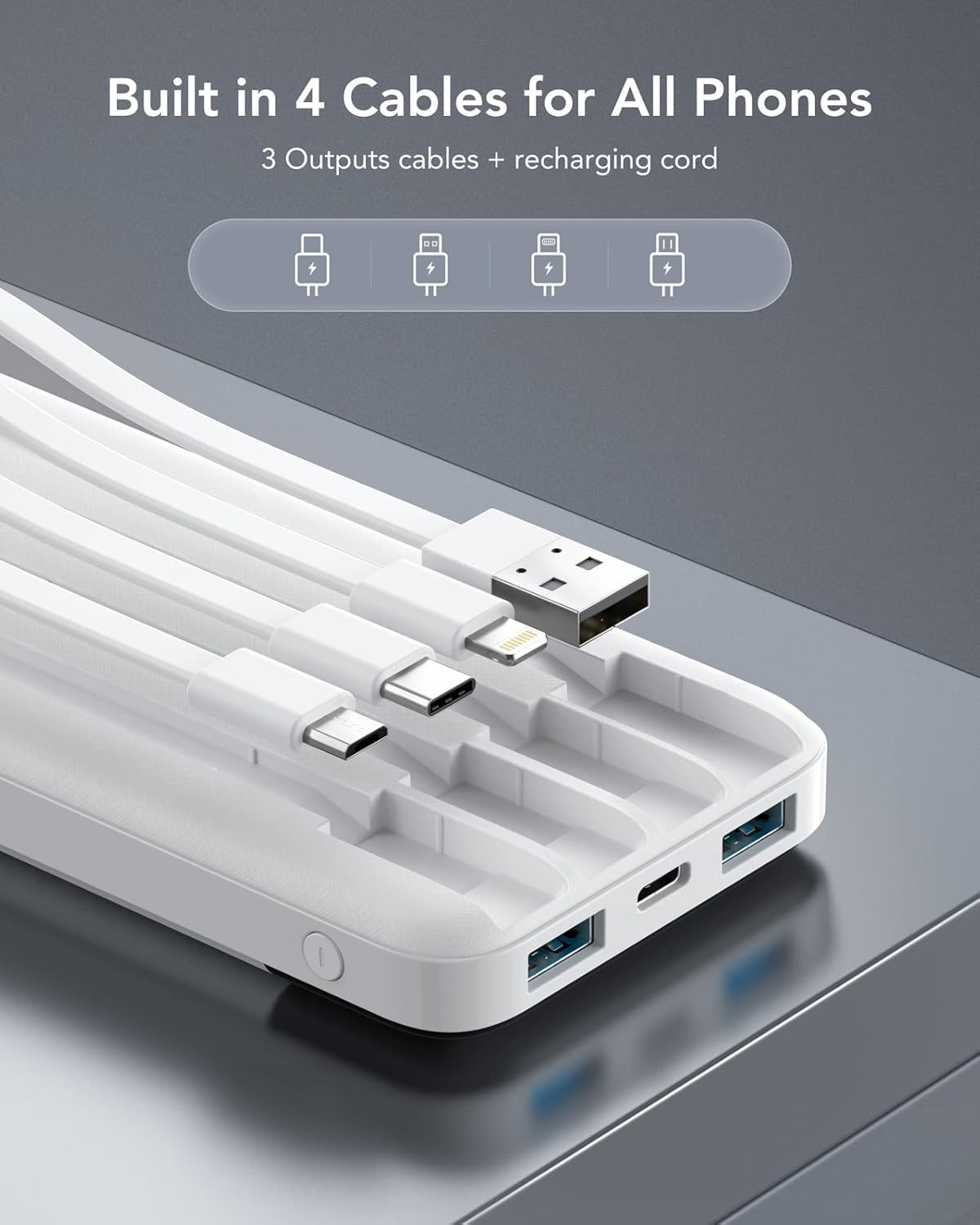 Charmast Power Bank 10000mAh con Cavi Integrati, Bianco - immagine 2