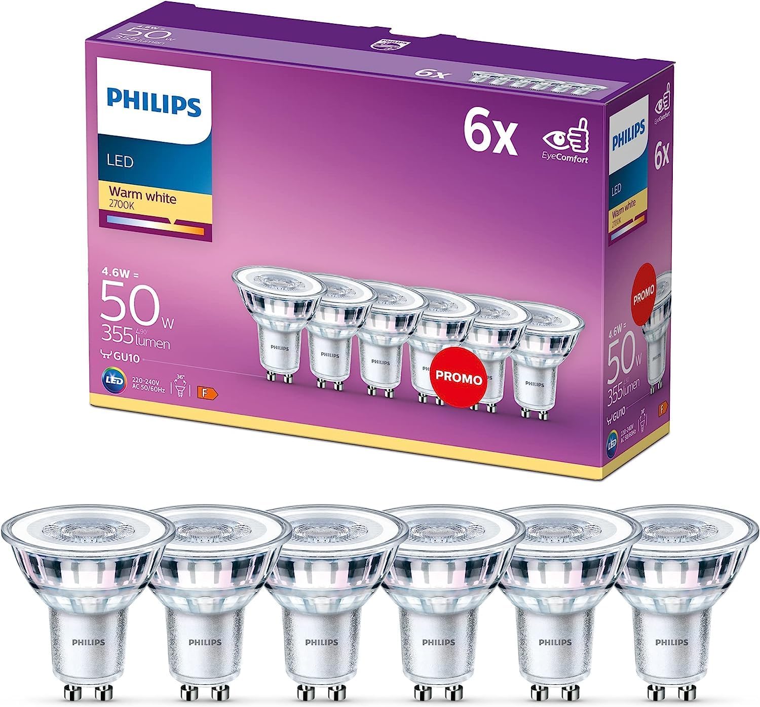 Philips LED - Faretto GU10 Luce Bianca Calda (6 Pezzi) - immagine 1