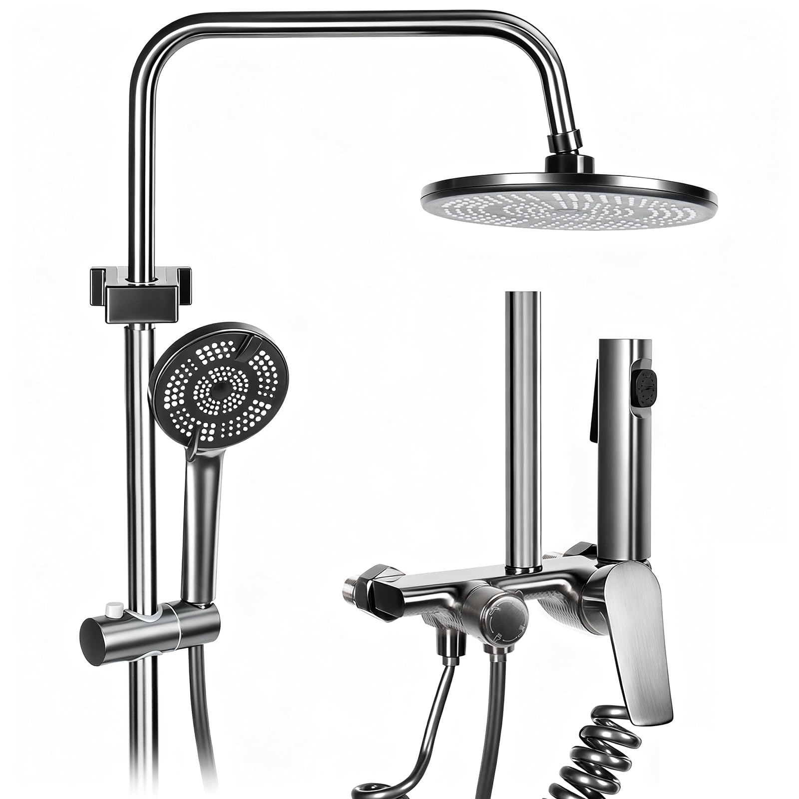 Sistema doccia a pioggia, set completo con ripiano, sistema doccia con rubinetto, 3 tipi di getto, soffione a pioggia quadrato, doccetta manuale, facile da installare (nero)