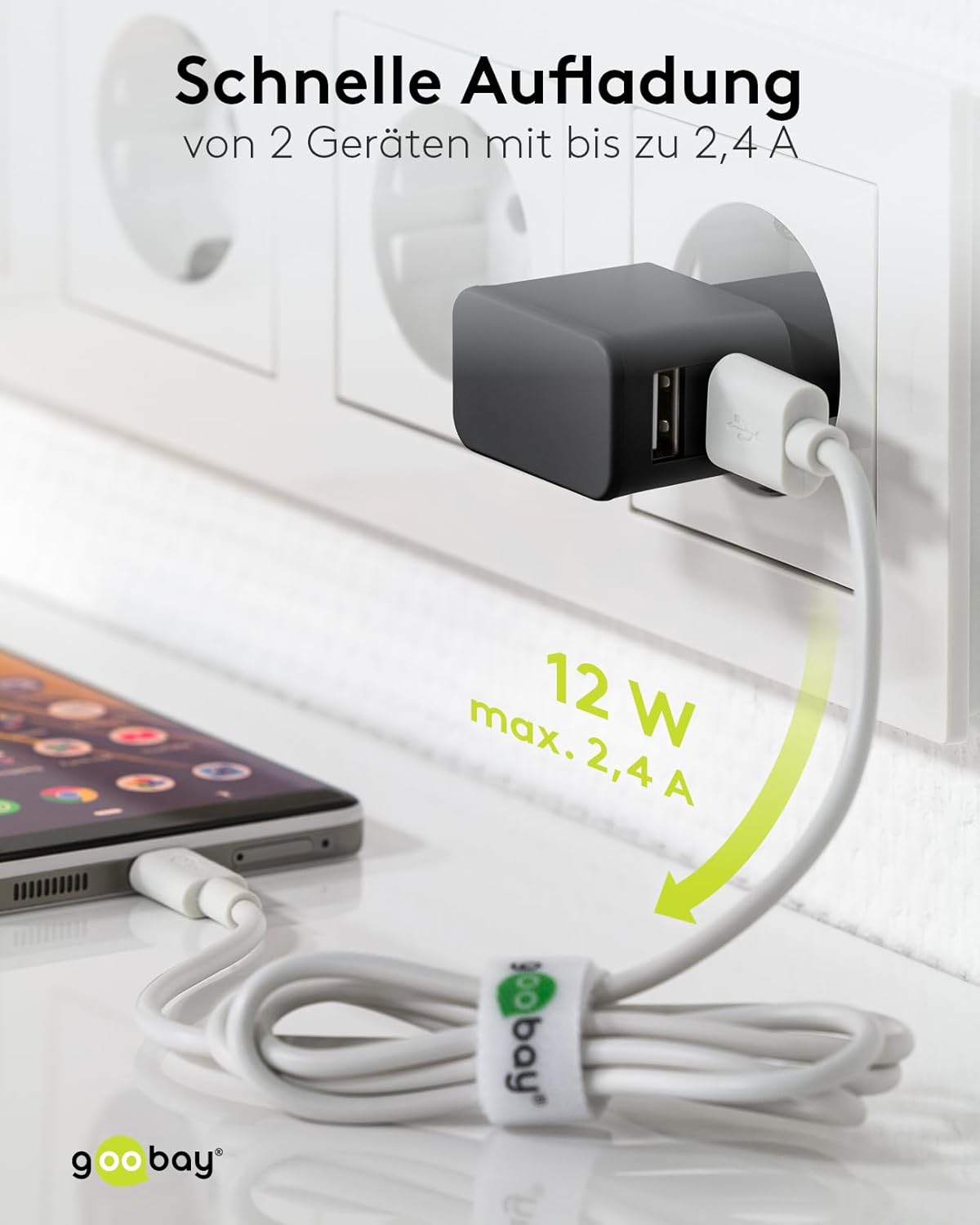 Goobay 449512 - Caricatore da Muro 2 Porte USB-A 12W, Nero - immagine 6