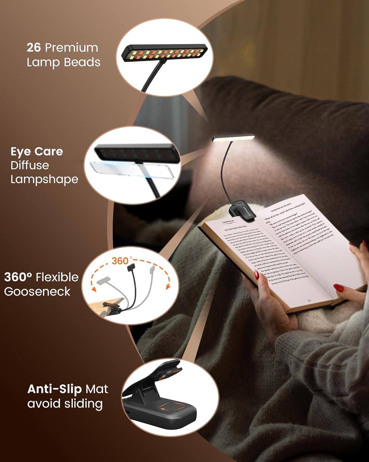 Glocusent Luce per Lettura Libri 26 LEDs USB-C, Nero - immagine 6