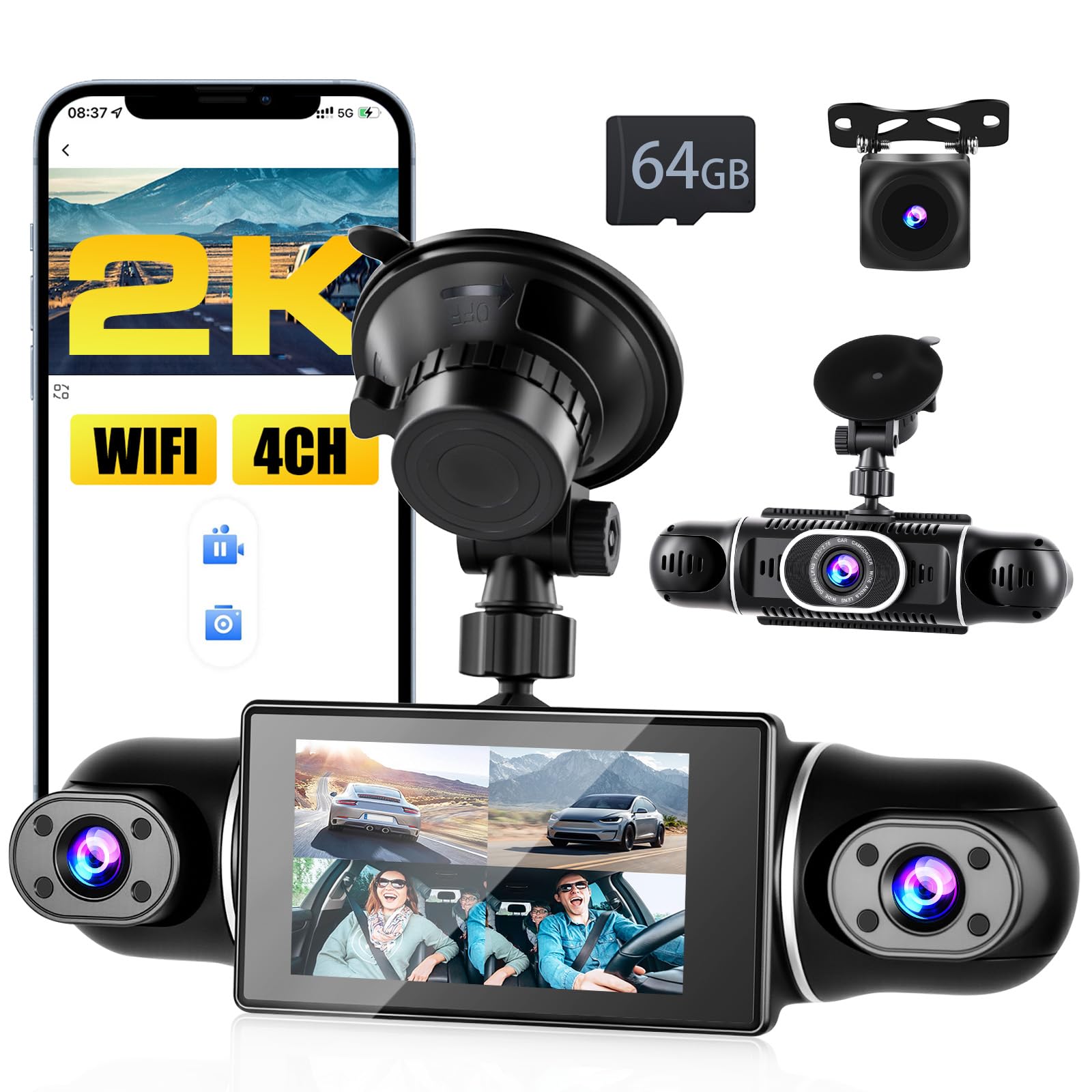 Dash Cam Auto 2K WiFi 4 Canali 360° con SD 64 GB