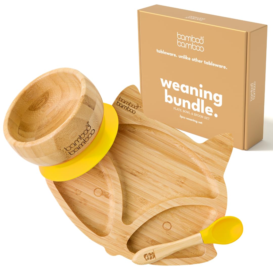 bamboo bamboo Piatto Baby & Ciotola Svezzamento Set, Ventosa per Pappa e Svezzamento, Piatto Volpe Bamboo, Ciotola Toddler & Cucchiaio Baby, Piatti per Bambini da 6 Mesi (Volpe, Giallo)