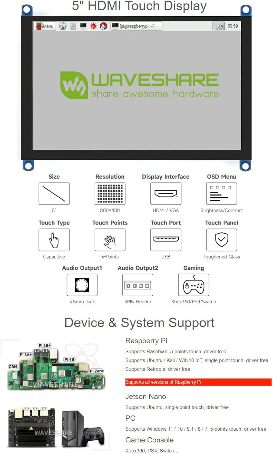 Waveshare 5 inch Display per Raspberry Pi 4 Touchscreen - immagine 3