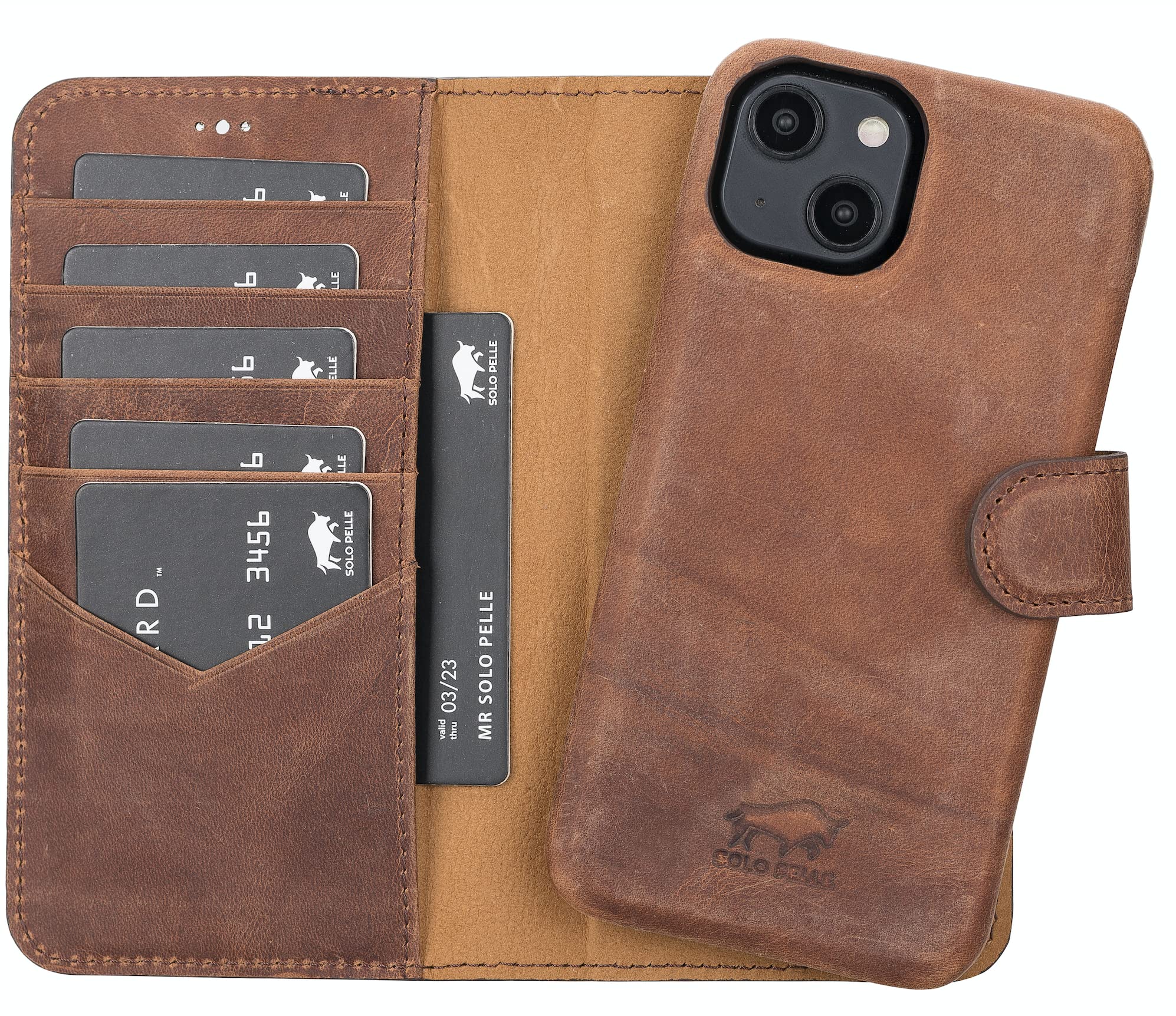 Custodia in Pelle 2 in 1 per iPhone 14 (6.1"), Marrone Vintage