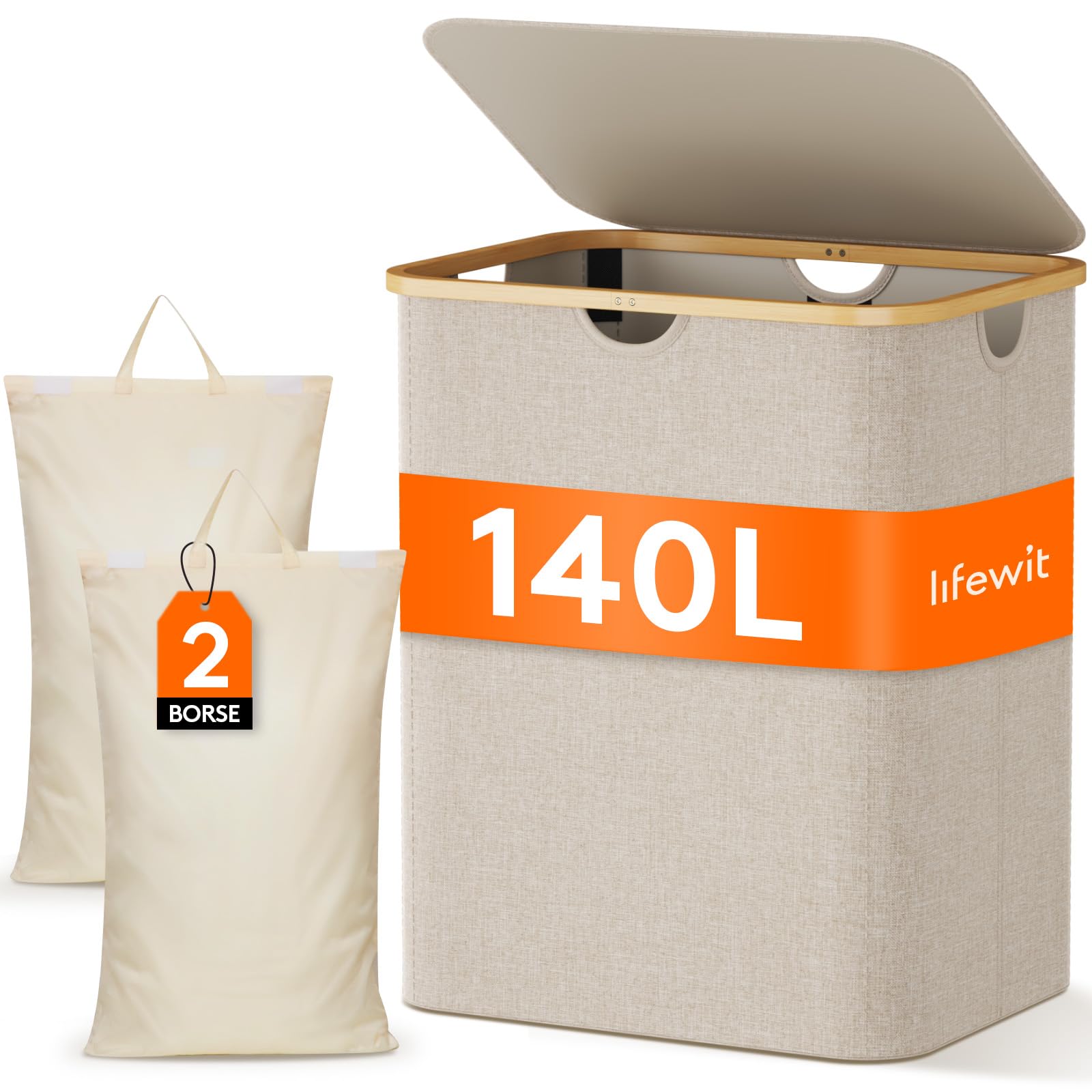 Lifewit Cesto Portabiancheria 140L in Bambù, Beige