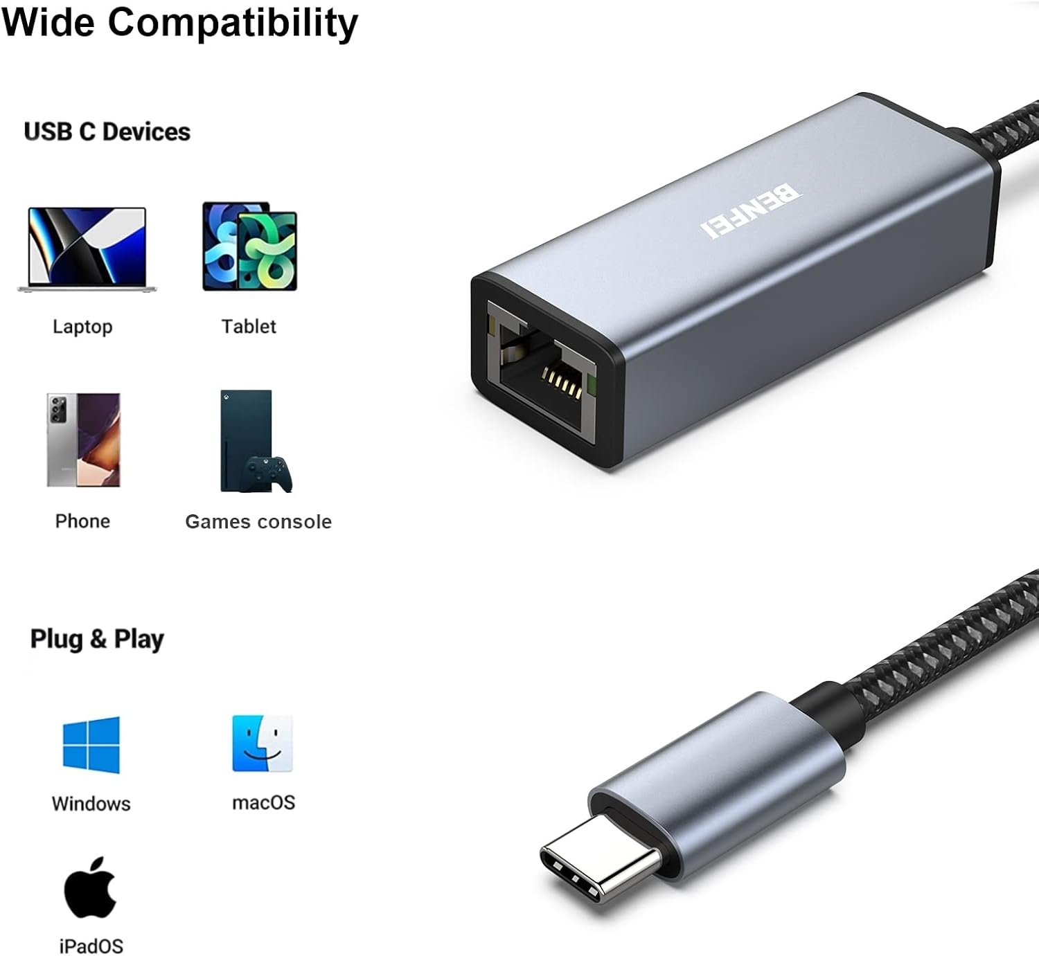 Benfei Adattatore USB C a Ethernet RJ45 LAN - immagine 4