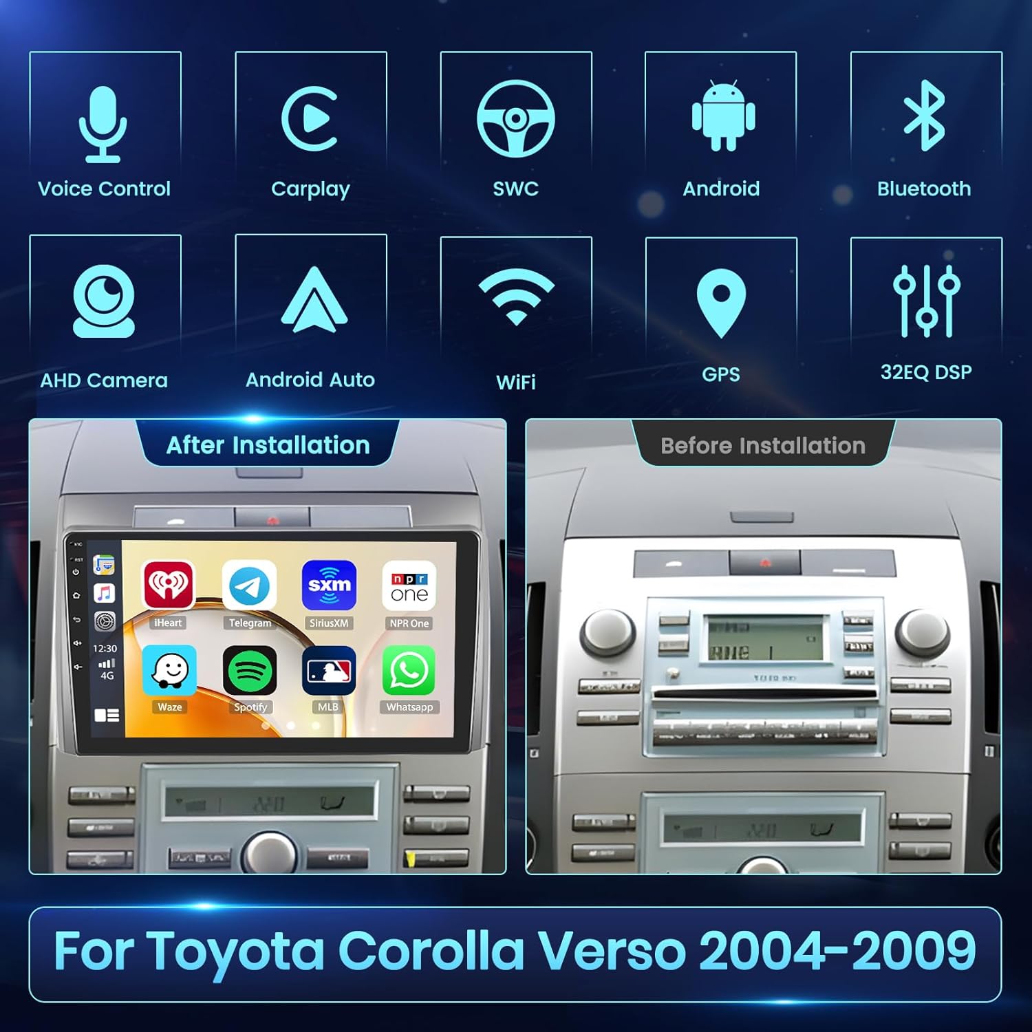 Fuluku Autoradio Android per Toyota Corolla Verso 9'' IPS - immagine 2