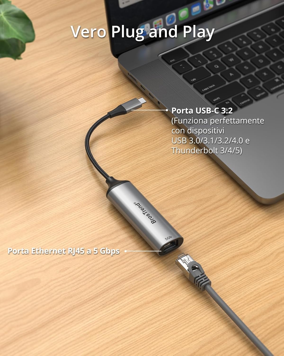 Brostrend Adattatore Ethernet USB-C 5Gb Plug & Play - immagine 3