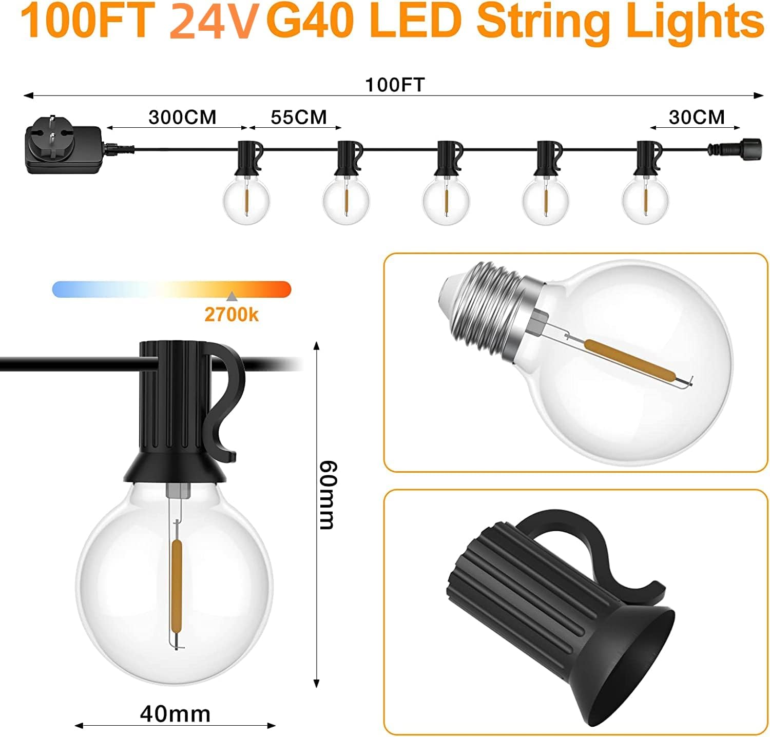 Suwin Catena Luminosa Esterno 30M con 50+2 G40 LED - immagine 4