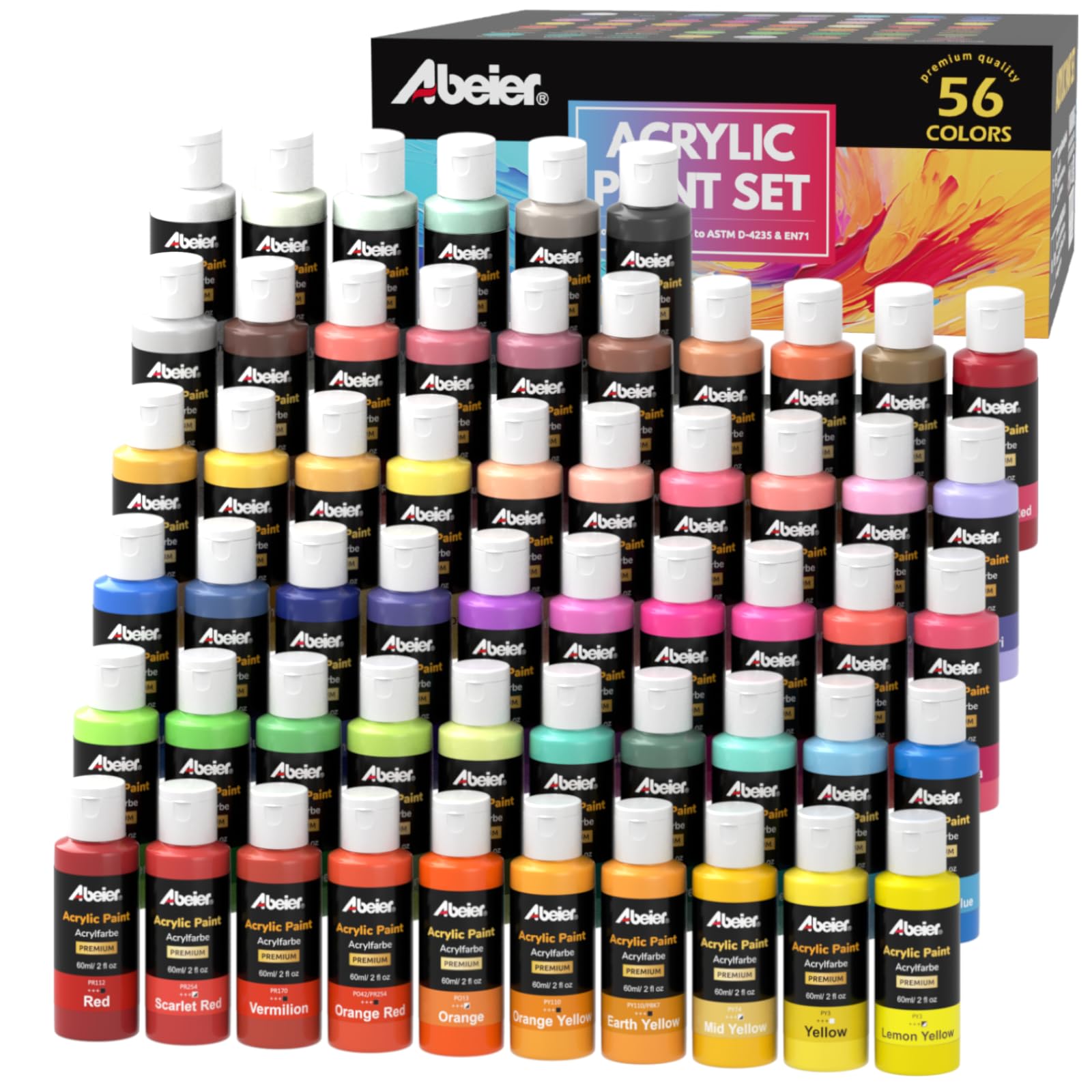 Abeier Set Colori Acrilici 56 Colori x 60ml