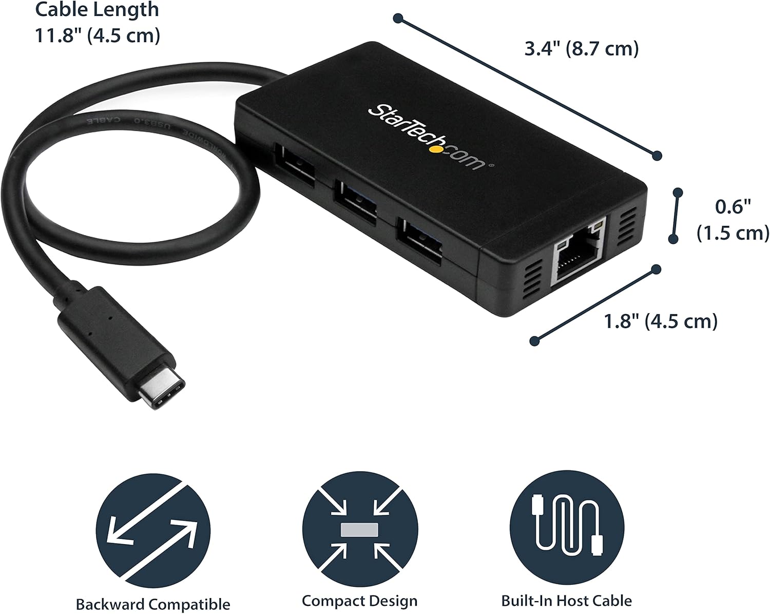 Startech.com Hub USB 3.0 a 3 Porte con USB-C e Ethernet Gigabit - immagine 3