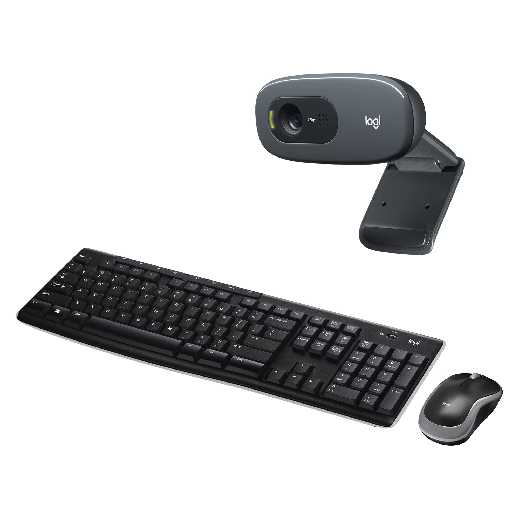 Logitech C270 Webcam HD Con Correzione Automatica Luminosità, Microfono Riduzione del Rumore + Logitech MK270 Combo Tastiera e Mouse Wireless per Windows, Layout Italiano QWERTY - Nero