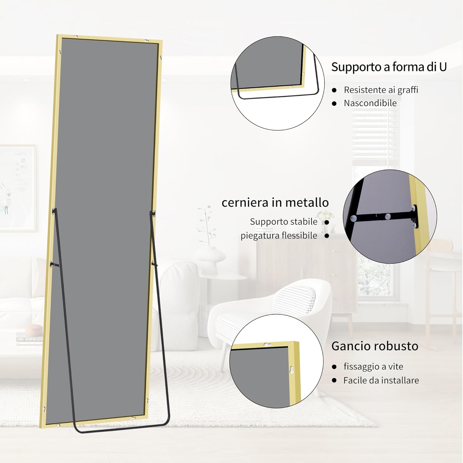 Bonewei Specchio da Terra 150x40 cm, Cornice Dorata - immagine 6