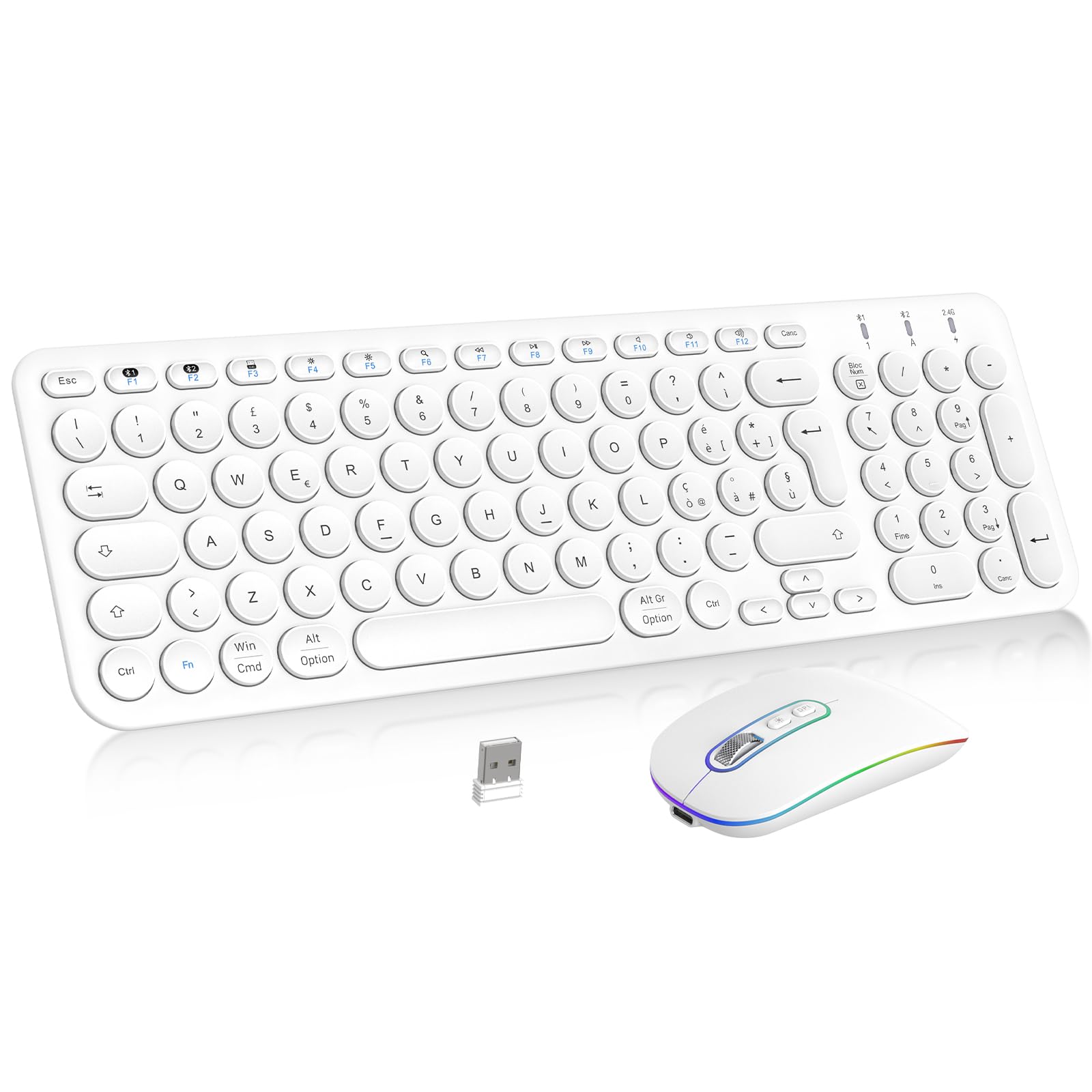 Pinkcat Tastiera e Mouse Wireless Bluetooth e 2.4G, Bianca