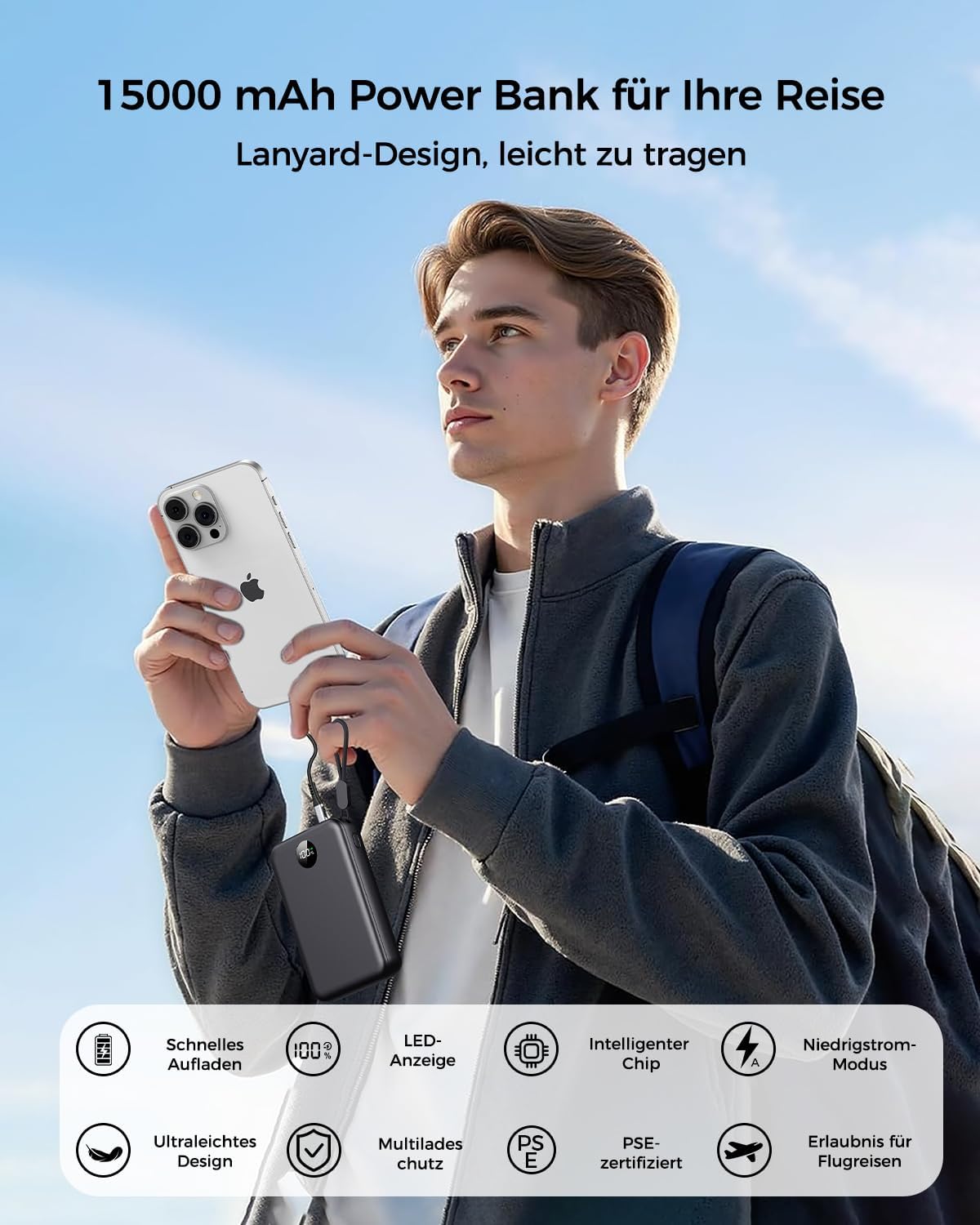 Power Bank 22.5W Mini 15000 mAh con USB-C, Nero Scuro - immagine 4